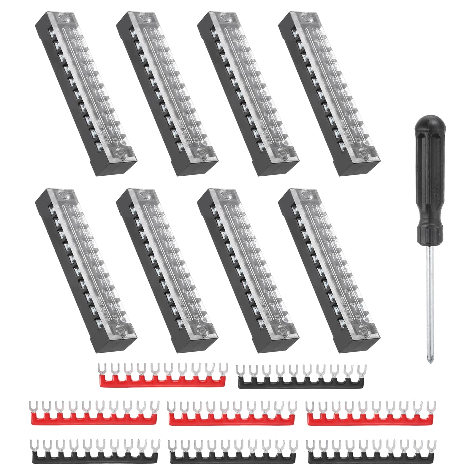 Unique Bargains - Screw Terminal Block 10 Positions, Dual Row, 600V 15A, with Screwdriver & Terminals, 8 Sets - Black