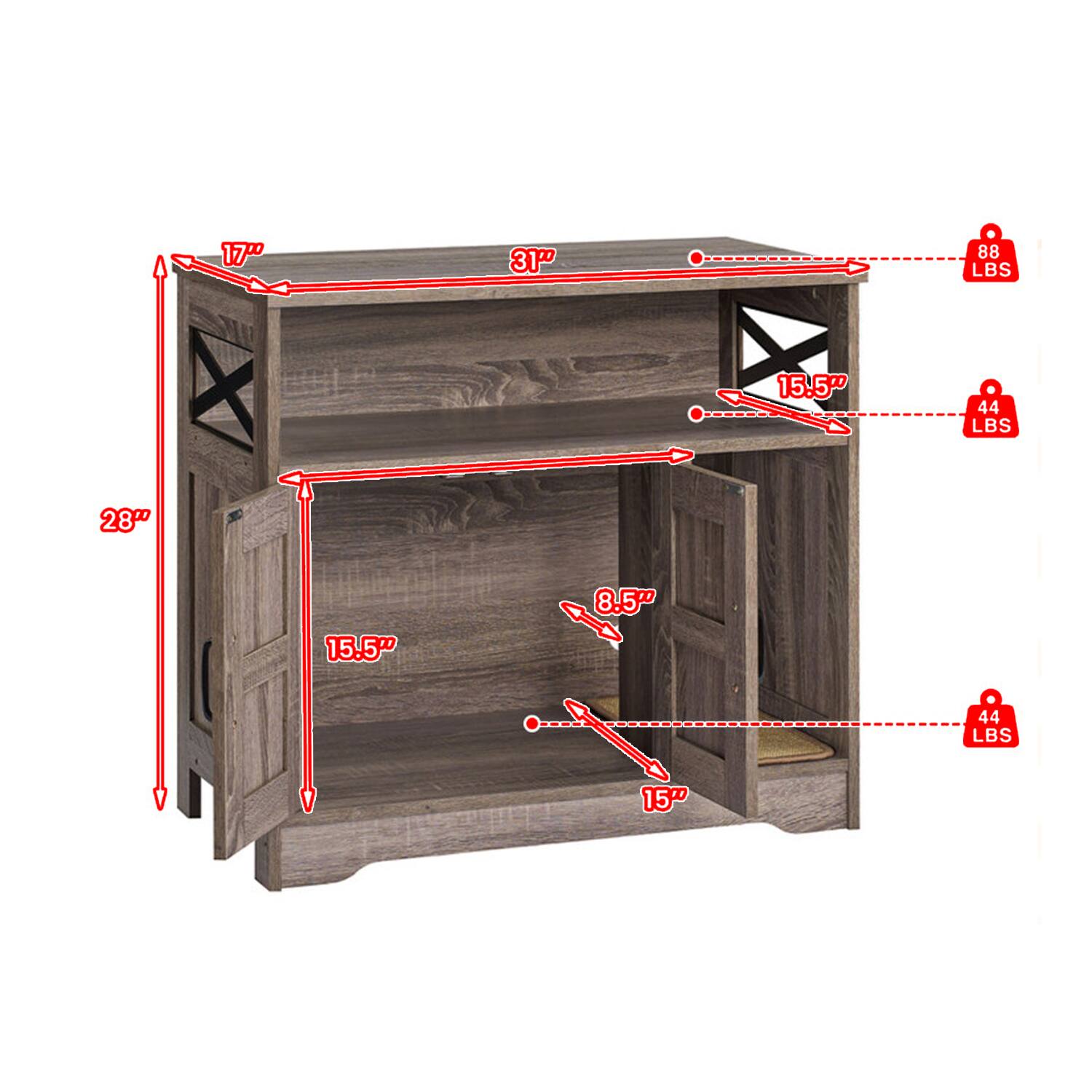 17" 31" 88 LBS  
15.5" 44 LBS  
28" 15.5" 8.5" 44 LBS  
15"