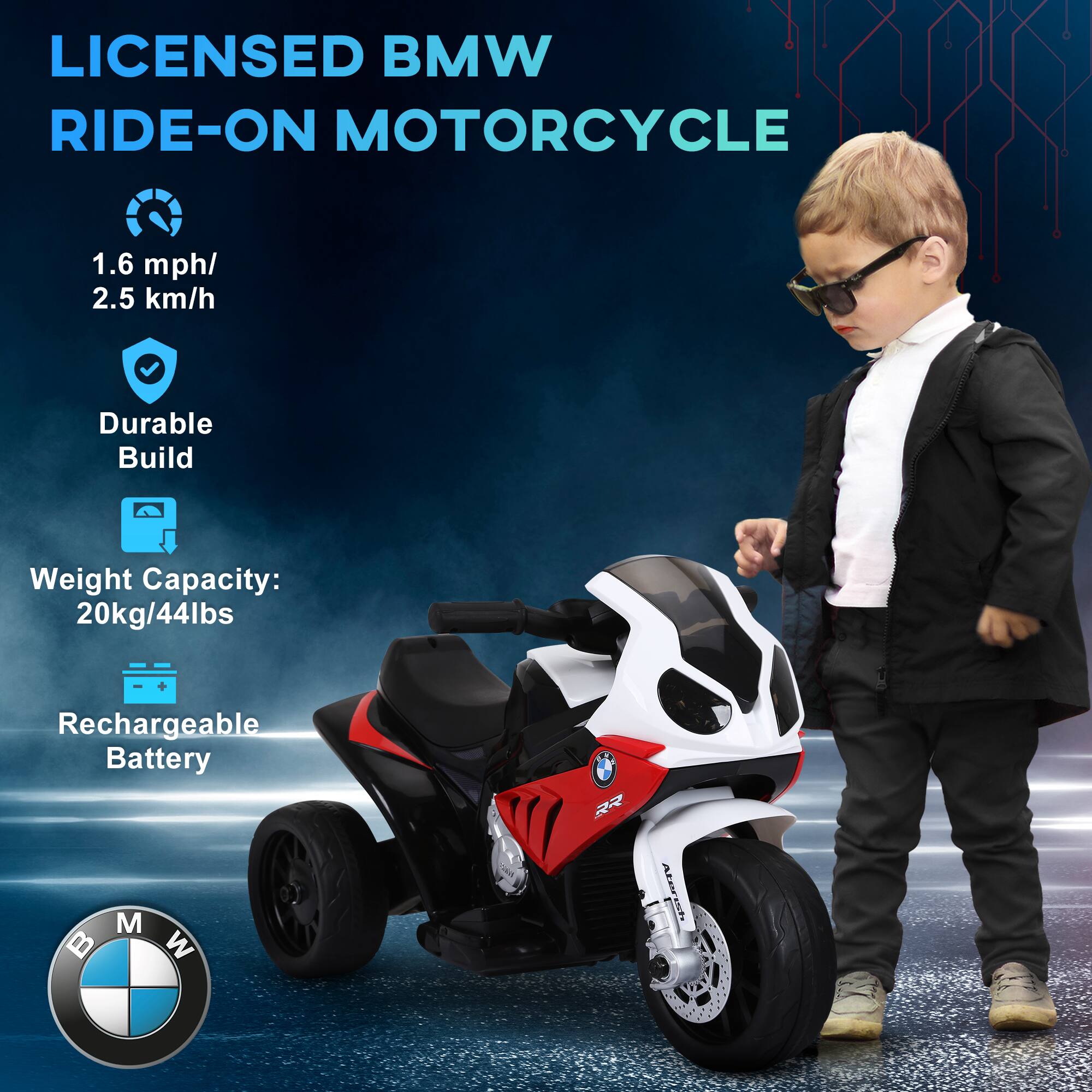 LICENSED BMW RIDE-ON MOTORCYCLE

- 1.6 mph/ 2.5 km/h
- Durable Build
- Weight Capacity: 20kg/44lbs
- Rechargeable Battery

BMW M W