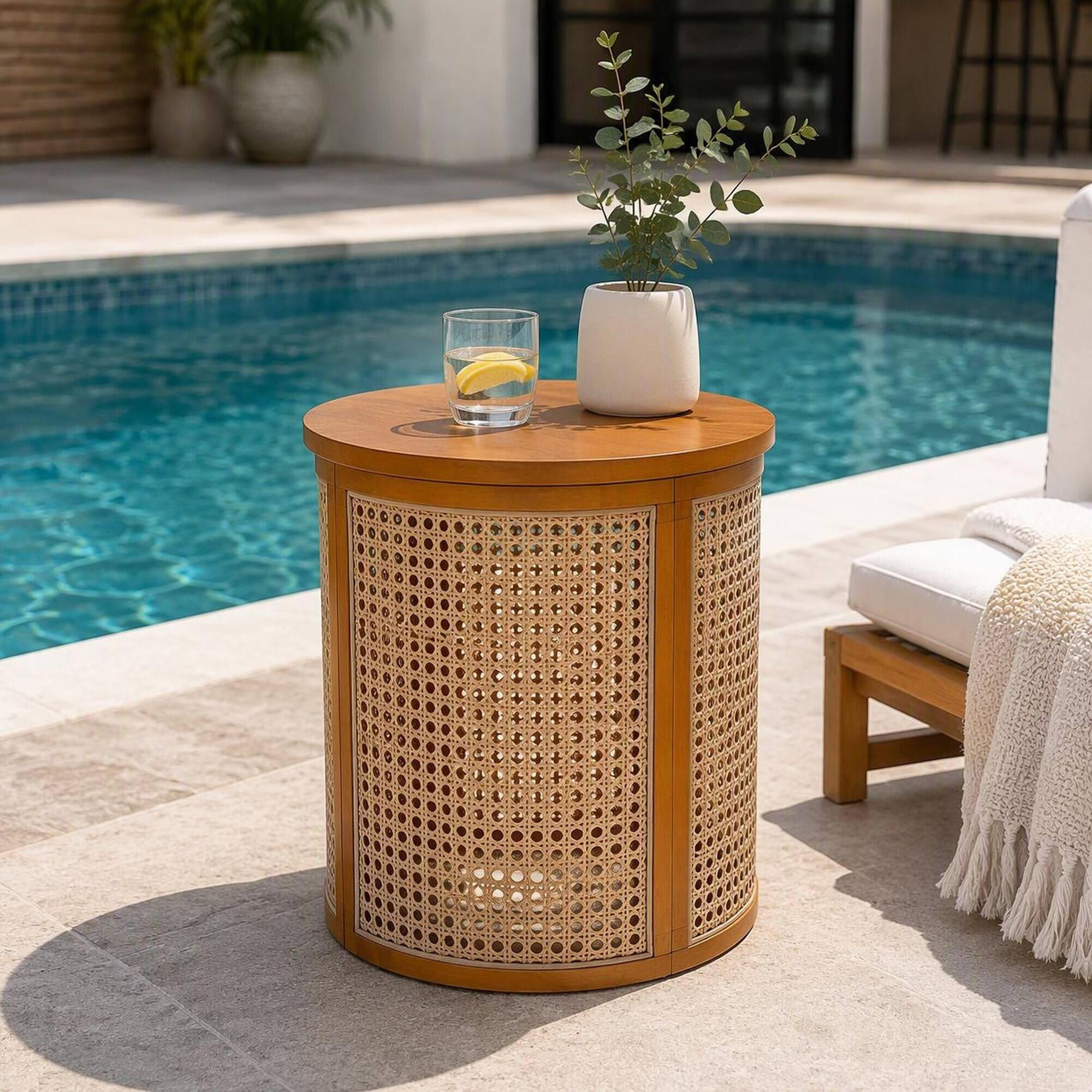 Alt View 1. RYHNUYNE - 15.7" Round Accent Table with Woven Rattan Sides,Compact Nightstand for Garden Deck Balcony - Ochre.