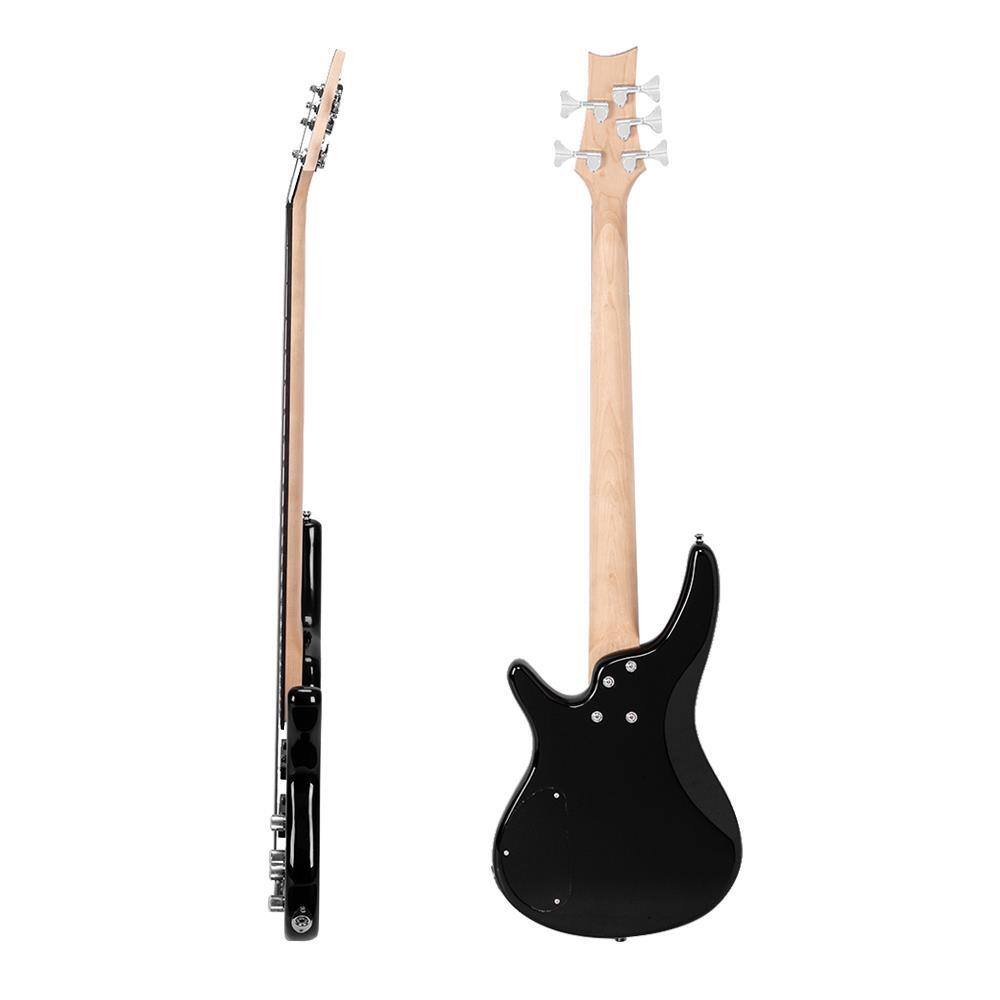 Angle. Winado - IB 5 String Electric Bass Guitar uses basswood body, maple neck, rosewood fingerboard, and 9.5 inch fingerboard.