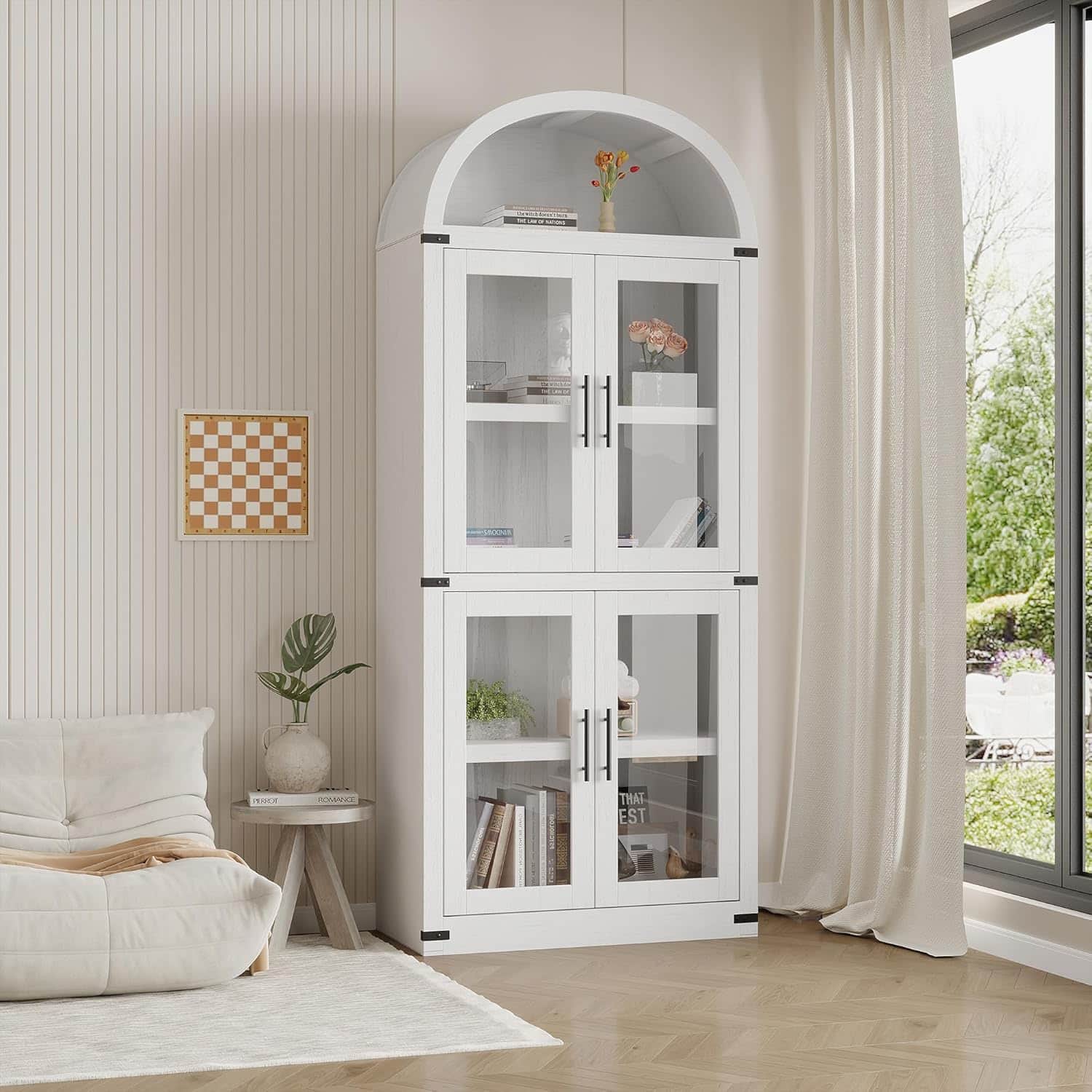 Homhougo - 71" Tall Arched Bookcase, Industrial 5-Tier Bookshelf with Glass Doors - White