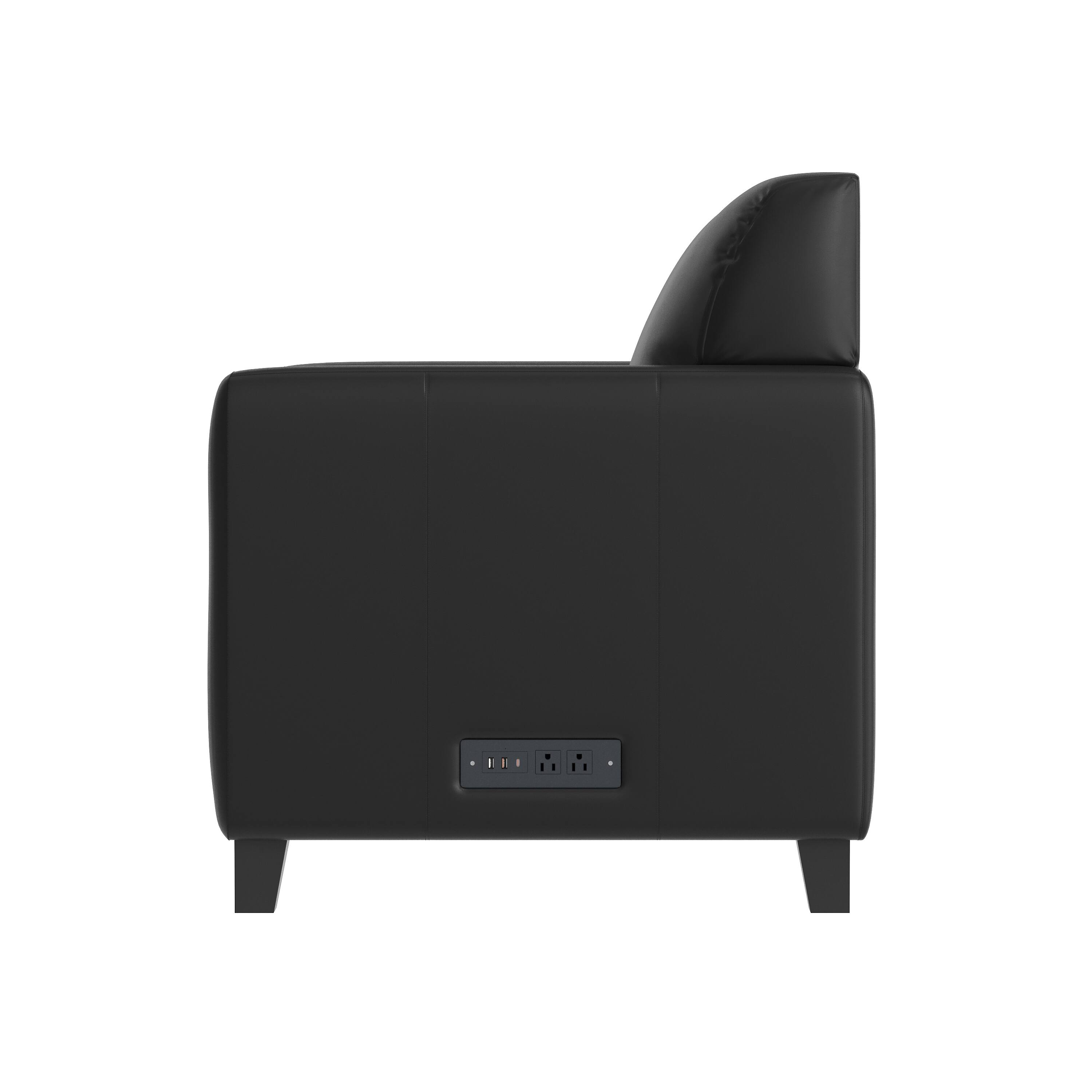 Left. Flash Furniture - Agent Black LeatherSoft Reception Chair with Right Side Charging Bank, Includes 2 Outlets, 2USB Ports, 1 USB-C Port, Sol - Black.
