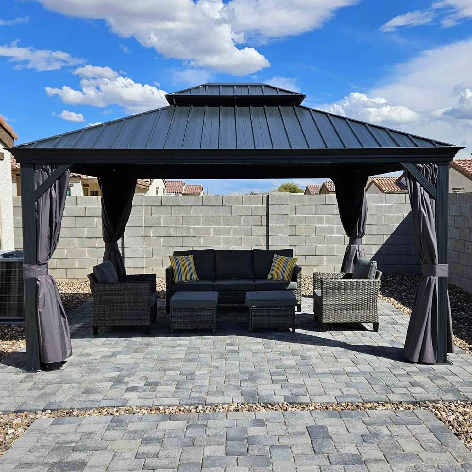 Front. PURPLE LEAF - 12 X 14 FT Permanent Hardtop Aluminum Gazebo with Double Roof for Patio Lawn and Garden, Curtains and Netting Included - 12' X 14'.
