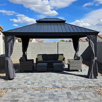 Front. PURPLE LEAF - 12' X 14' Permanent Hardtop Aluminum Gazebo with Double Roof for Patio Lawn and Garden, Curtains and Netting Included - 12' X 14'.