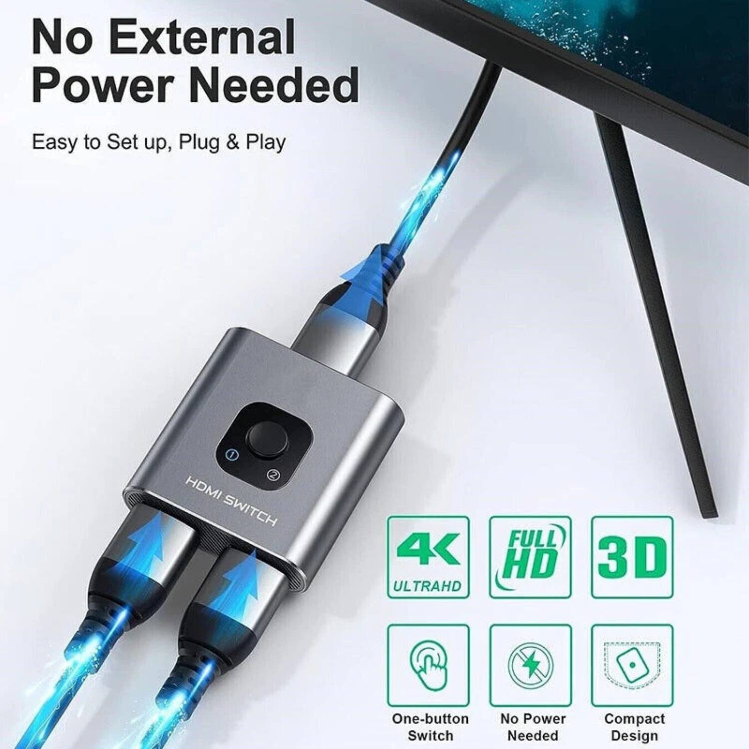 No External Power Needed, Easy to Set up, Plug & Play HDMI SWITCH 4K ULTRA HD FULL HD 3D One-button Switch, No Power Needed, Compact Design