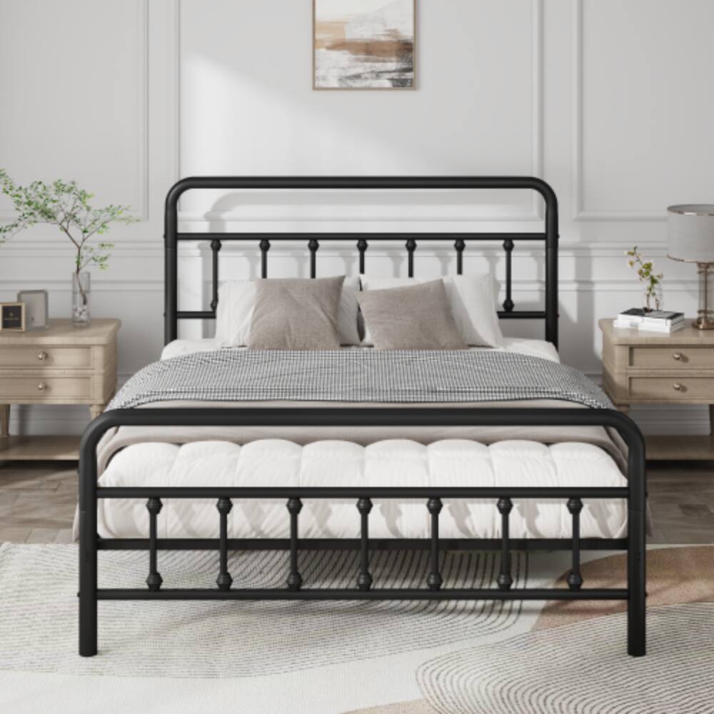 Front. LUCKY ONE - Full Size Metal Platform Bed Frame with Headboard, Heavy Duty, Under-Bed Storage, No Box Spring Needed - Black.