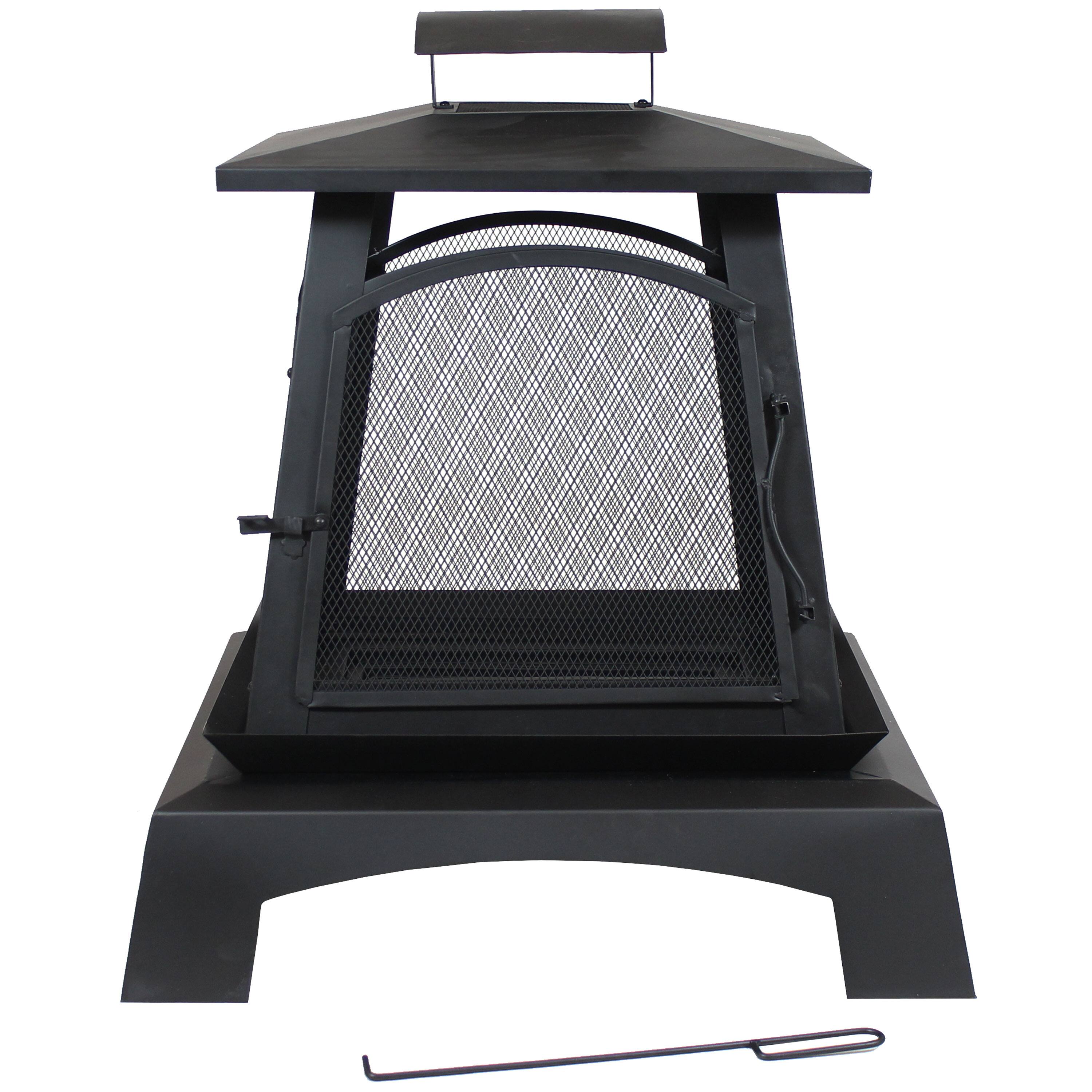 Alt View 6. Sunnydaze - 32 in Pagoda Style Steel Fire Pit with Log Grate and Poker - Black.