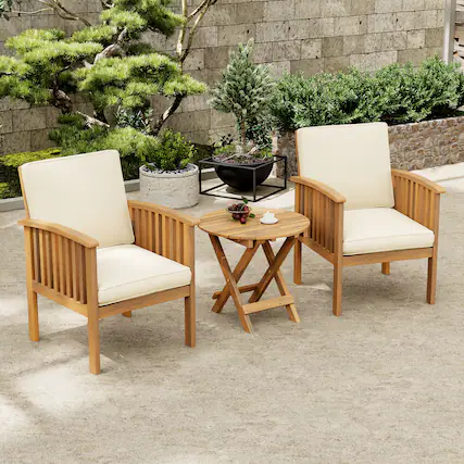 Front. APRILSOUL - Patio Set Outdoor Acacia Wood Modern Club Chair Conversation Set Foldable End Table Brown Patina Cream Cushion - Brown,Cream,Teak.