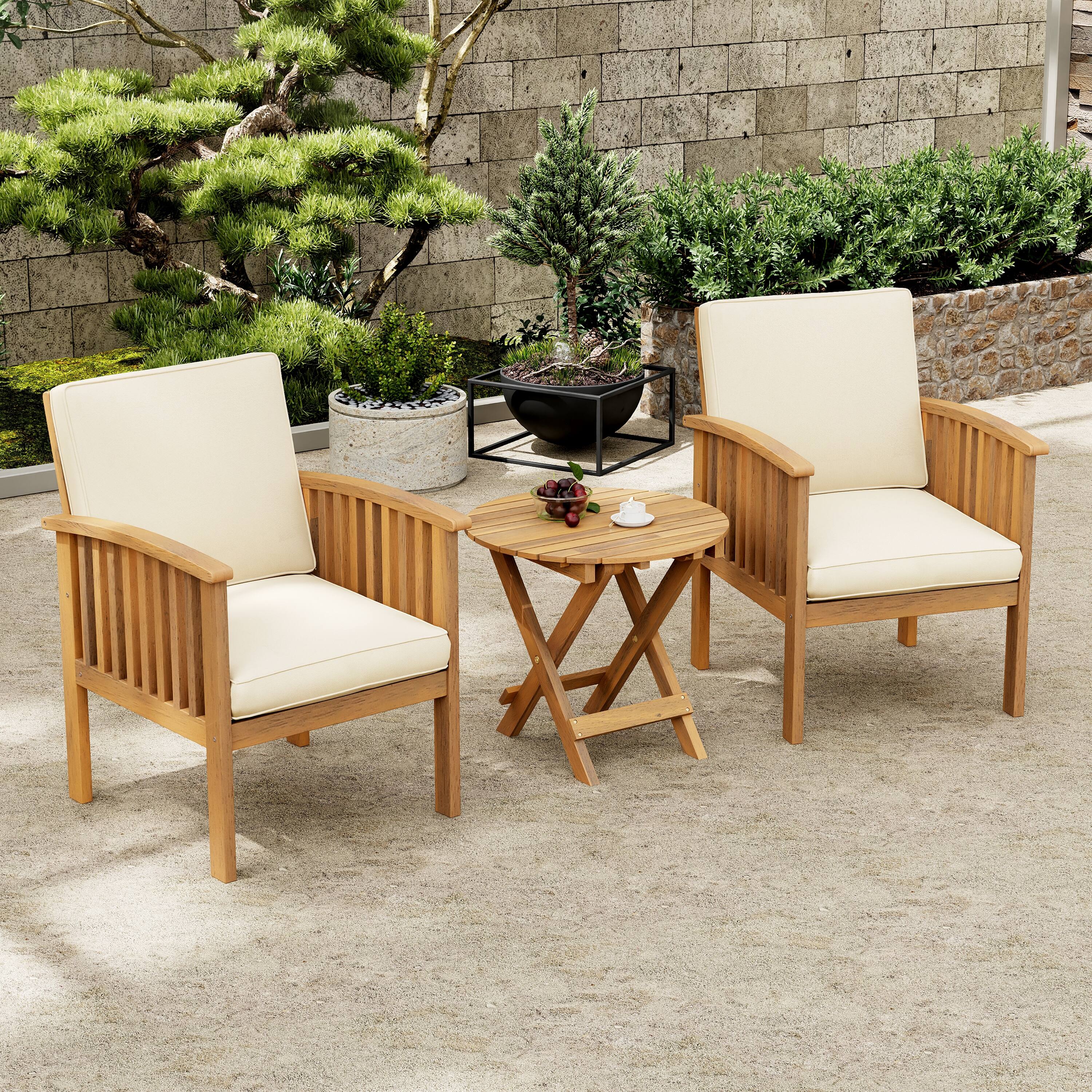 Front. APRILSOUL - Patio Set Outdoor Acacia Wood Modern Club Chair Conversation Set Foldable End Table Brown Patina Cream Cushion - Brown,Cream,Teak.