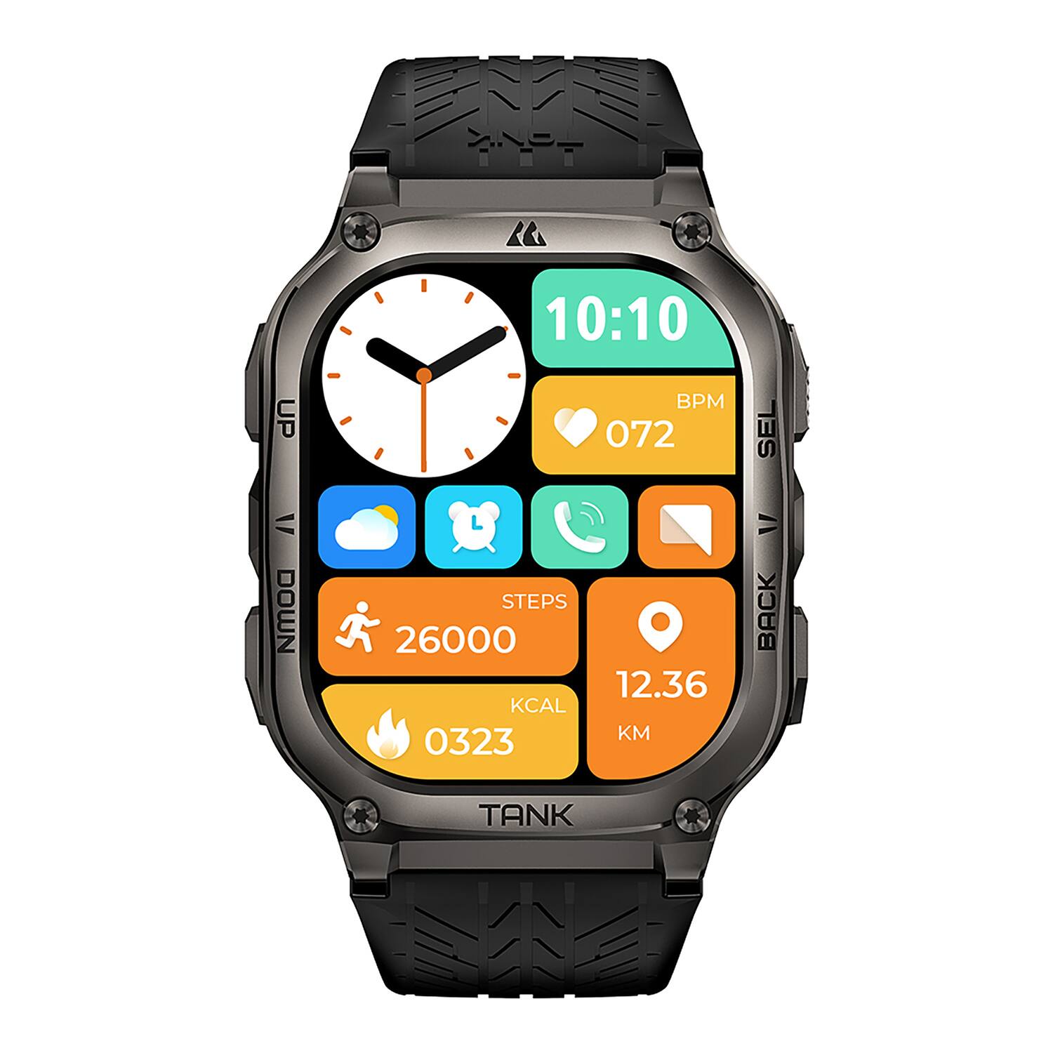 10:10 UP BPM 072 SEL V DOWN STEPS 26000 KCAL 0323 12.36 KM = BACK TANK