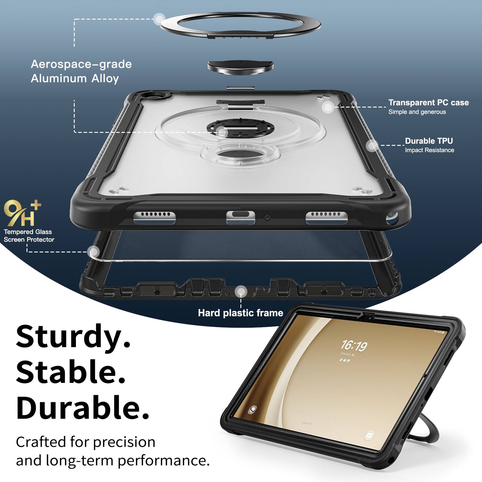 Aerospace-grade Aluminum Alloy Transparent PC case Simple and generous Durable TPU Impact Resistance O + 9H H Tempered Glass Screen Protector Hard plastic frame Sturdy. Stable. Durable. Crafted for precision and long-term performance. 16:19 aR AT