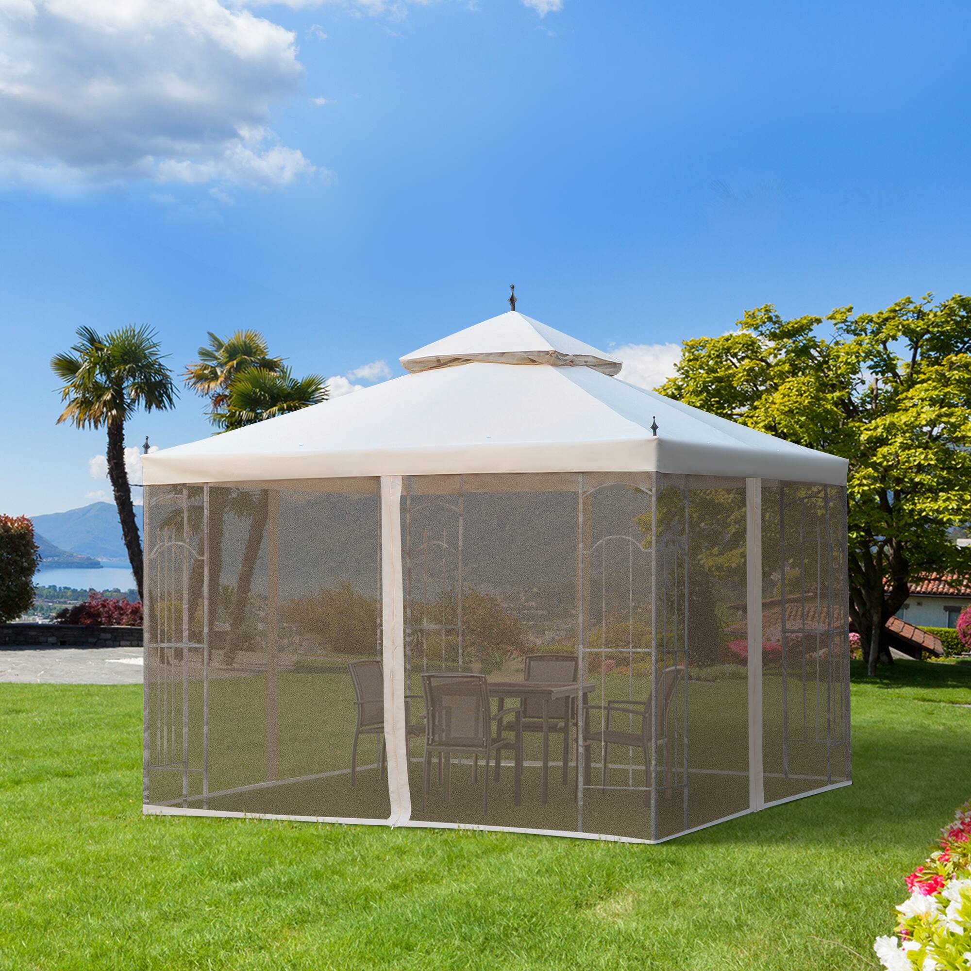 Angle. Outsunny - 10' x 10' Patio Gazebo with Corner Frame Shelves, Double Roof Outdoor Gazebo Canopy Shelter with Netting - Cream White.