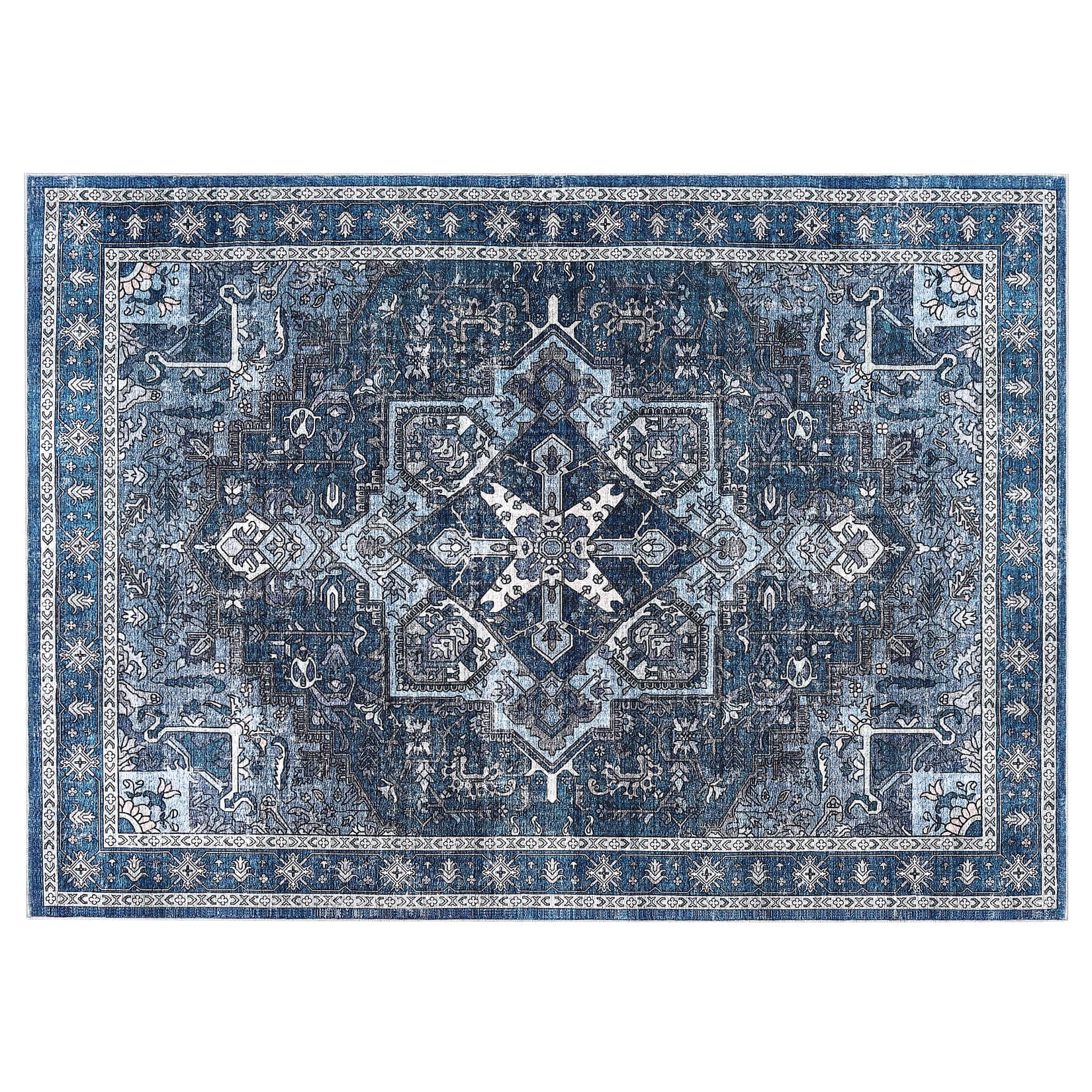 Acekool - Area Rugs Machine Washable Non Slip Vintage Retro Rug - Blue B