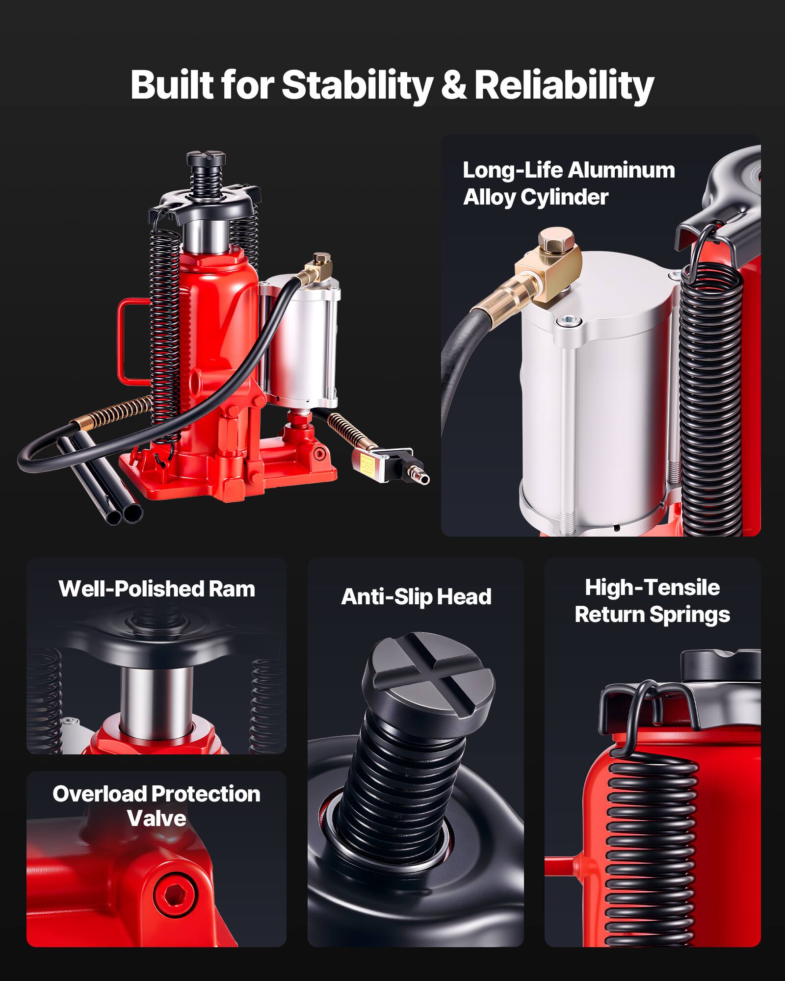 Built for Stability & Reliability

- Long-Life Aluminum Alloy Cylinder
- Well-Polished Ram
- Anti-Slip Head
- High-Tensile Return Springs
- Overload Protection Valve
