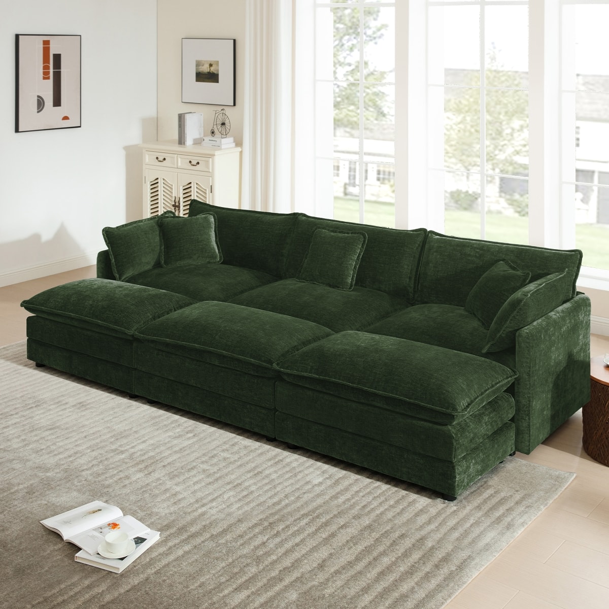 Ropilly - Green Modular Sectional Sofa, Deep Seat U Shaped Sectional Couch with Ottomans and Pillows - Green