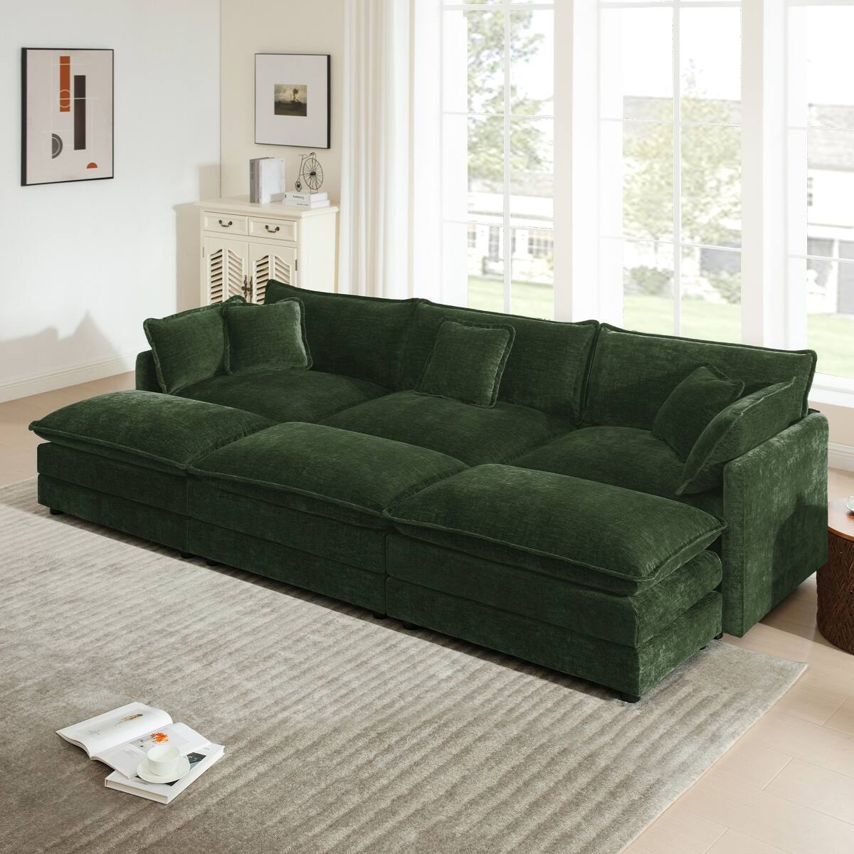 Front. Ropilly - Ropilly Green Modular Sectional Sofa, Deep Seat U Shaped Sectional Couch with Ottomans and Pillows - Green.
