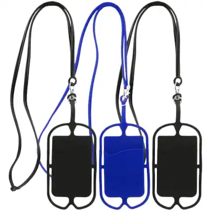 Front. Stock Preferred - Smartphone Silicone Holder with Lanyard - 2 Black, 1 Blue.