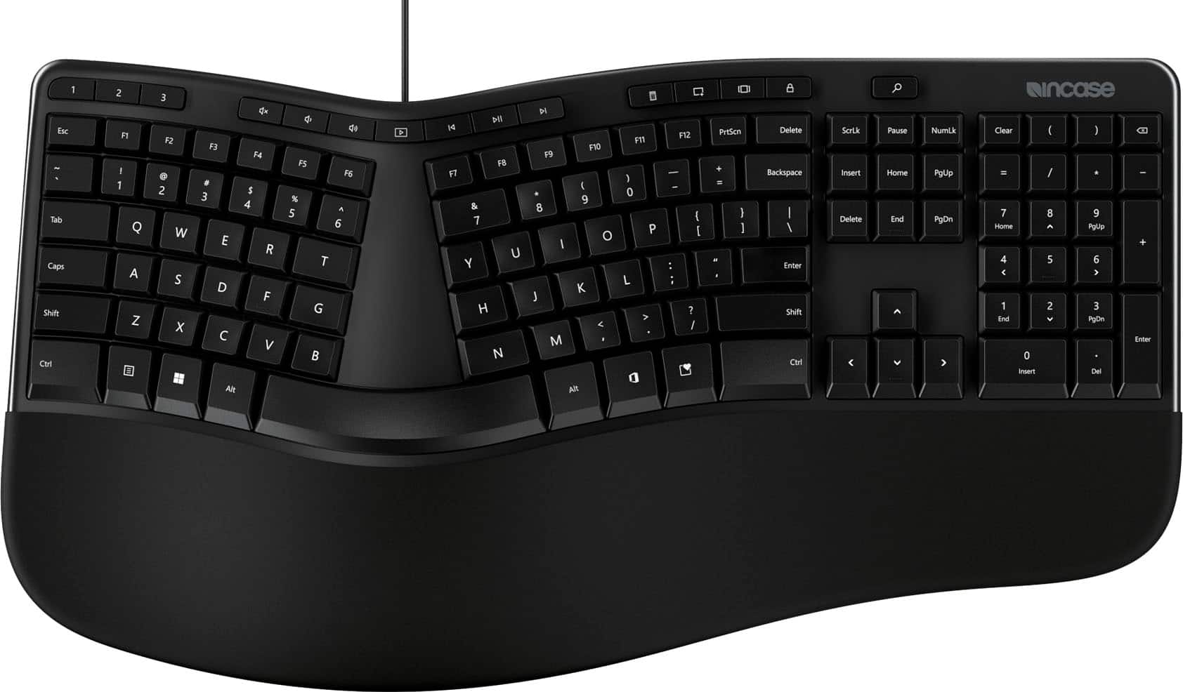 The image shows a black computer keyboard with a split design, allowing the user to type with both hands. The keyboard has a unique layout, with the numbers and letters arranged in a way that makes it easier to type with the split design. The keyboard also features a number pad, which is located on the right side of the keyboard. The keys are arranged in a way that allows for efficient typing, with the most frequently used keys placed within easy reach.