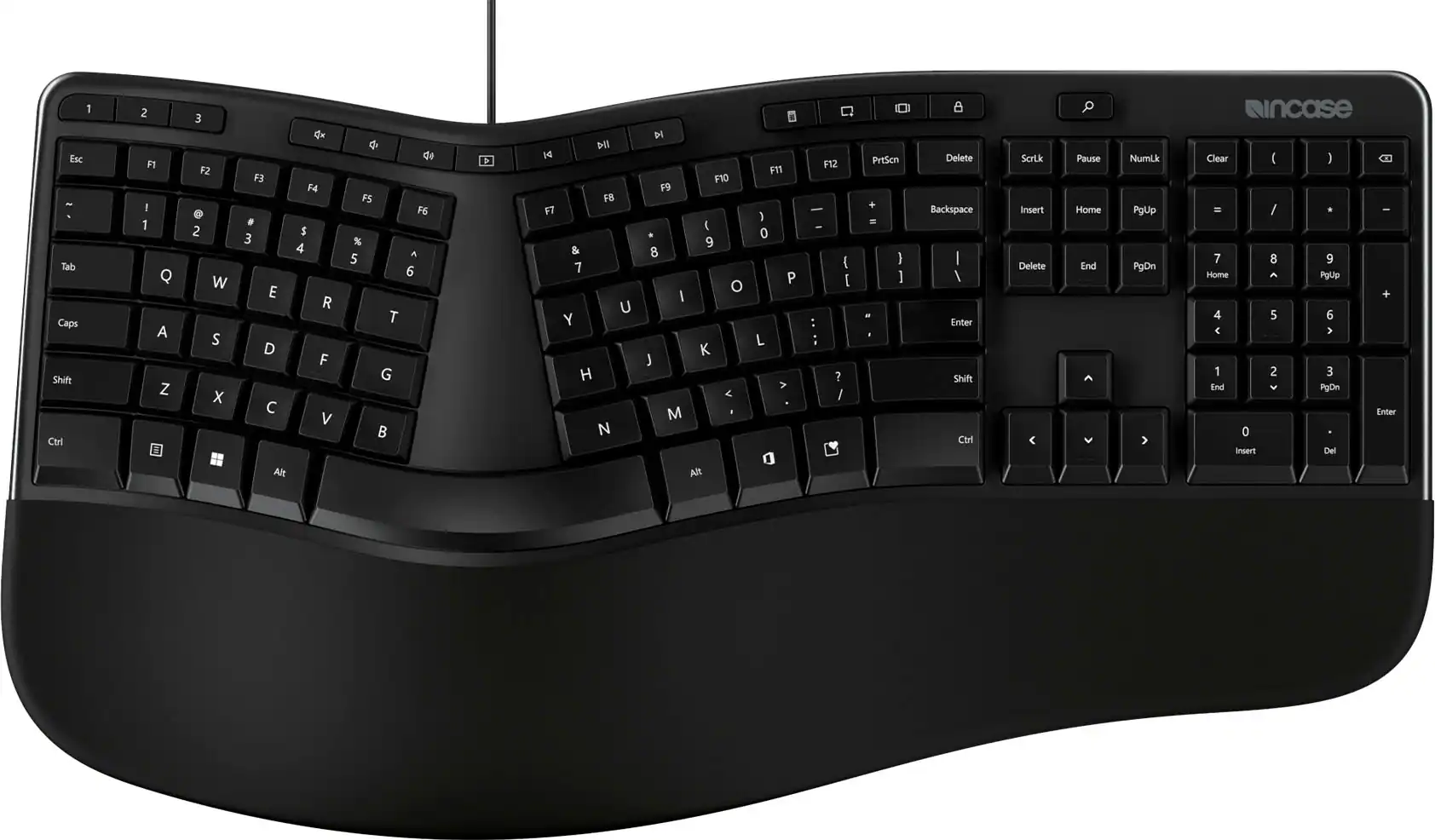 The image shows a black computer keyboard with a split design, allowing the user to type with both hands. The keyboard has a unique layout, with the numbers and letters arranged in a way that makes it easier to type with the split design. The keyboard also features a number pad, which is located on the right side of the keyboard. The keys are arranged in a way that allows for efficient typing, with the most frequently used keys placed within easy reach.