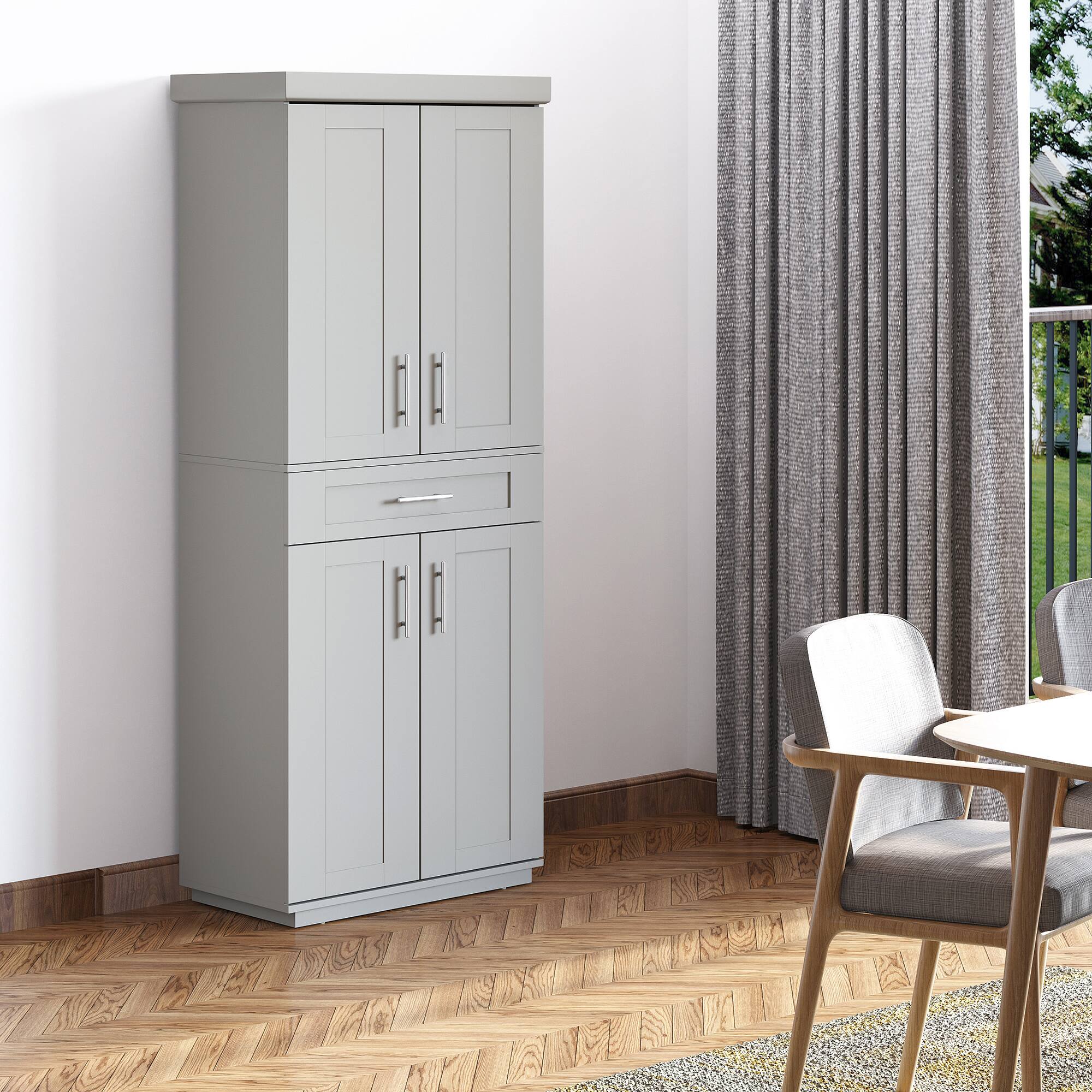 Alt View 3. Homcom - 72" Kitchen Pantry Cabinet, Freestanding Tall Storage Cabinet with 4 Doors, Drawer and 3 Adjustable Shelves - Grey.