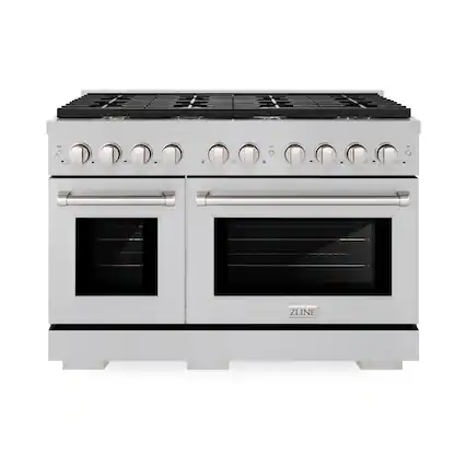 Front. ZLINE - ZLINE 48 in. Paramount Double Oven Gas Range in Satin Stainless w/ 8 Brass Burners (SGRS-BR-48) - Stainless Steel.