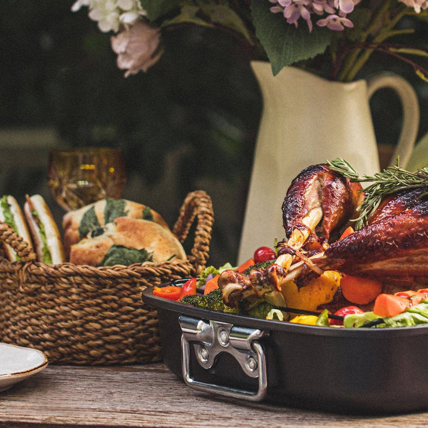 Back. PARKER SLATER - Roasting Pan 15-inch Non-stick Turkey Roaster Lasagna With V Rack - Rectangular Deep Dish Chicken Roaster-bbq For 14.....