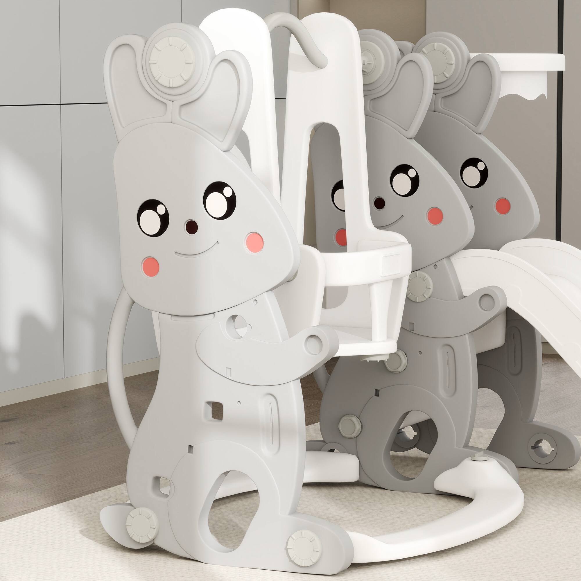 Alt View 4. Qaba - 4 in 1 Toddler Slide and Swing Set, Kids Playset, Ages 1.5-4, Rabbit Themed, Climber, Basket Hoop, Indoor Outdoor.