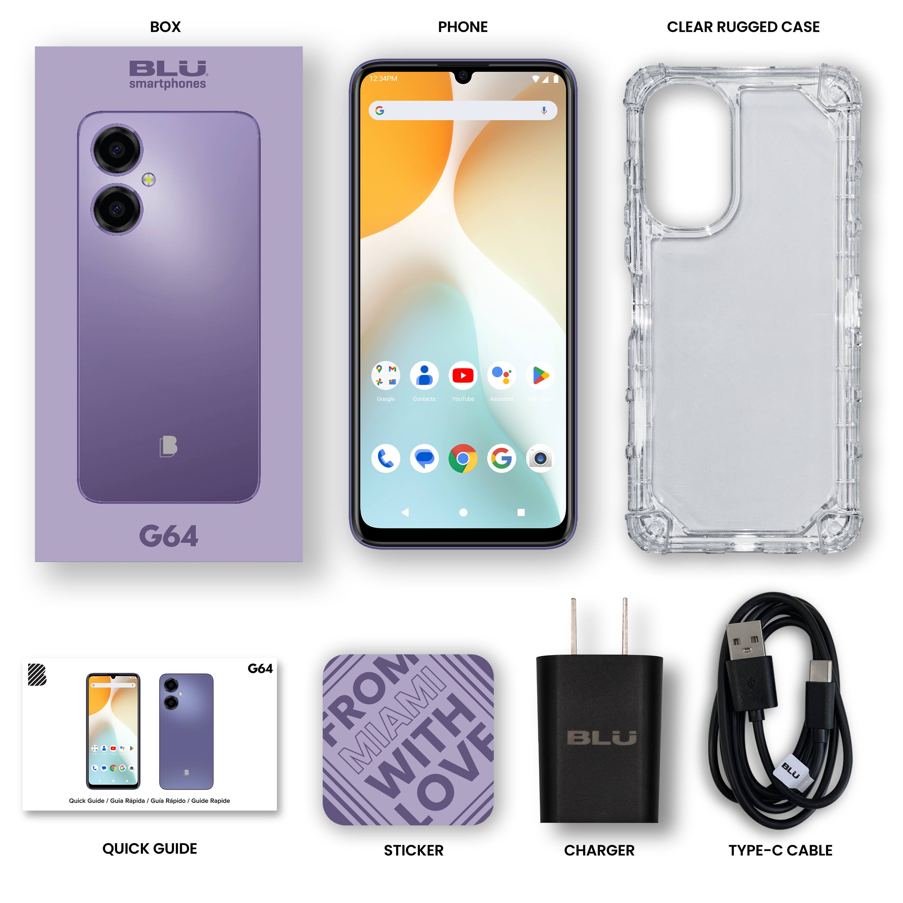 BOX PHONE CLEAR RUGGED CASE BLU smartphones 12M Co Conens macide - G64 - s  . C - aoe Rapide - QUICK GUIDE G64 MIAMI WTE BLU STICKER CHARGER m BLU TYPE-C CABLE