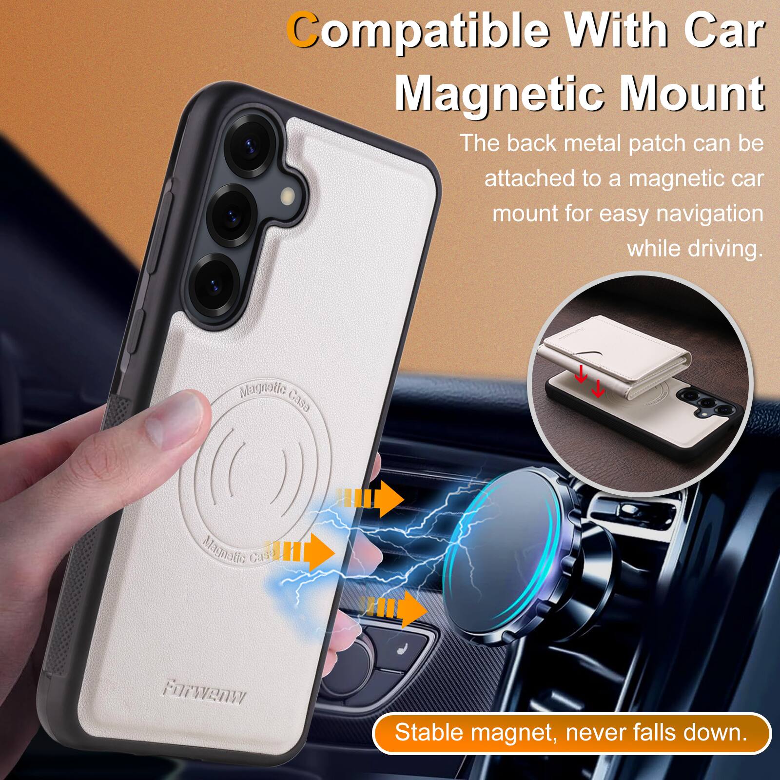 Compatible With Car Magnetic Mount  
The back metal patch can be attached to a magnetic car mount for easy navigation while driving.  
Stable magnet, never falls down.