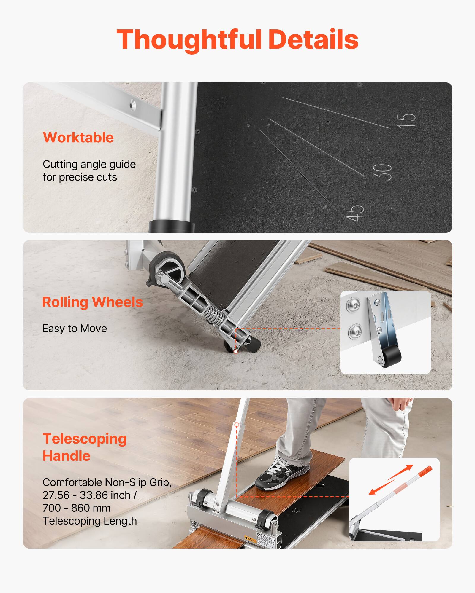 Thoughtful Details

Worktable
- Cutting angle guide for precise cuts

Rolling Wheels
- Easy to Move

Telescoping Handle
- Comfortable Non-Slip Grip
- 27.56 - 33.86 inch / 700 - 860 mm Telescoping Length