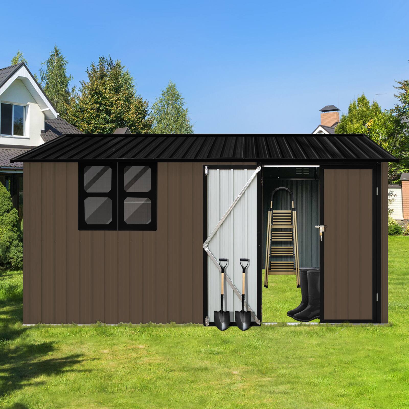 Angle. Mondawe - 12x10 Ft Metal Garden Sheds with Window - Brown.