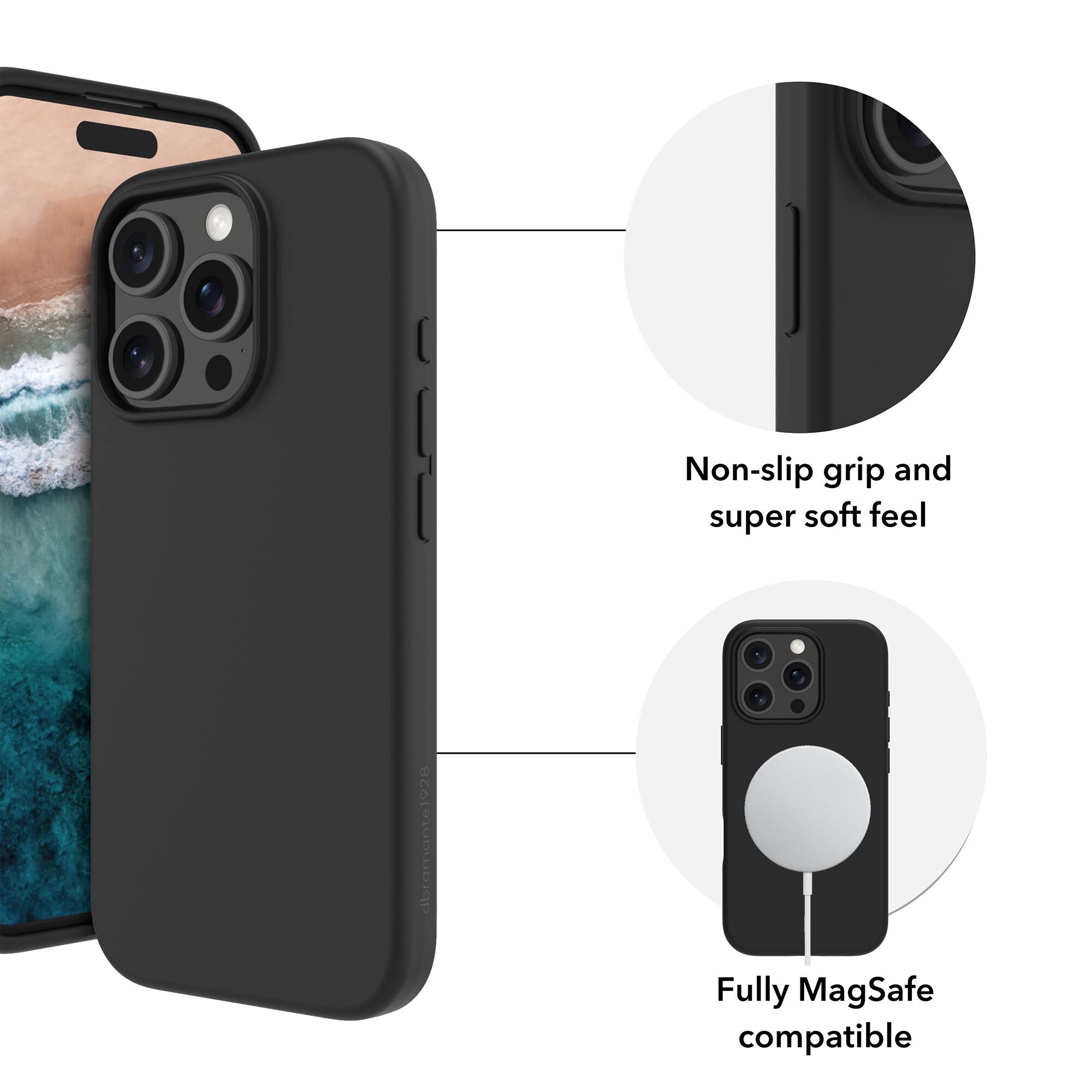 The text on the image reads: "Non-slip grip and super soft feel. Fully MagSafe compatible."