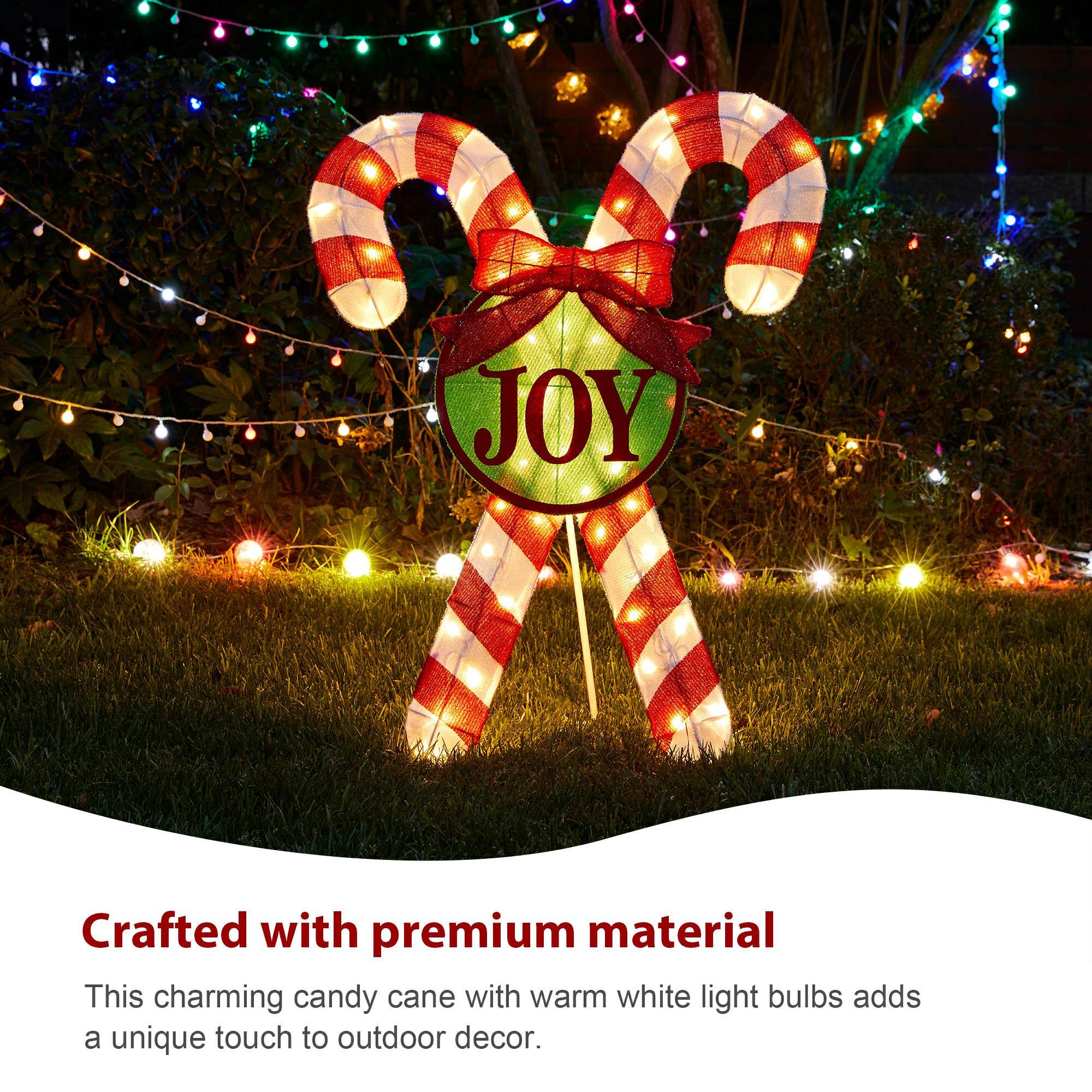 JOY

Crafted with premium material

This charming candy cane with warm white light bulbs adds a unique touch to outdoor decor.