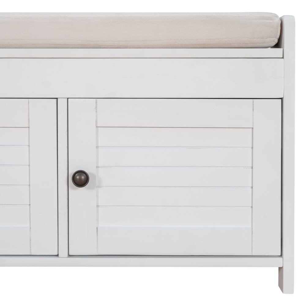 Alt View 6. Ropilly - Ropilly White Storage Bench with Cushion and Shutter Doors, Entryway Shoe Bench with Hidden Storage, 43.5 Inch - White.