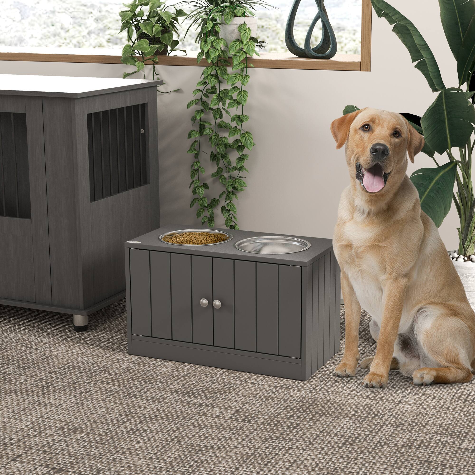 Angle. Pawhut - Elevated Bowls with Cabinet Containing 44L Capacity, Raised Bowl Stand, Food Bowl, Dog Feeding Station - Gray.