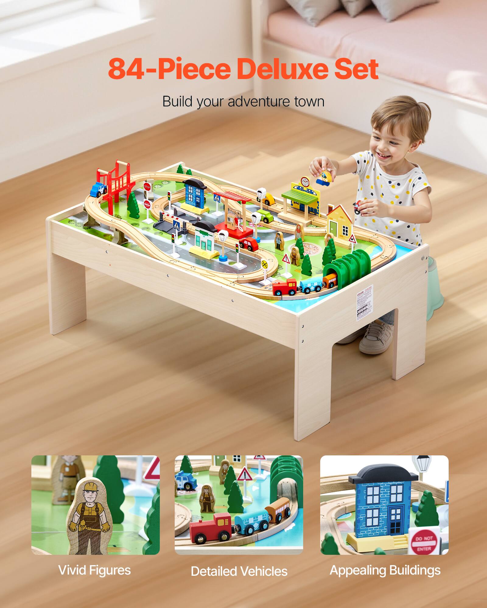 84-Piece Deluxe Set  
Build your adventure town  

Vivid Figures  
Detailed Vehicles  
Appealing Buildings