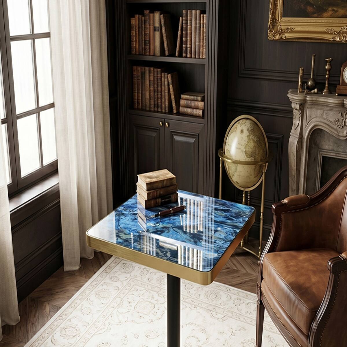 Loheer Small Square Dining Table, Blue Agate Marble Look Top with Gold ...
