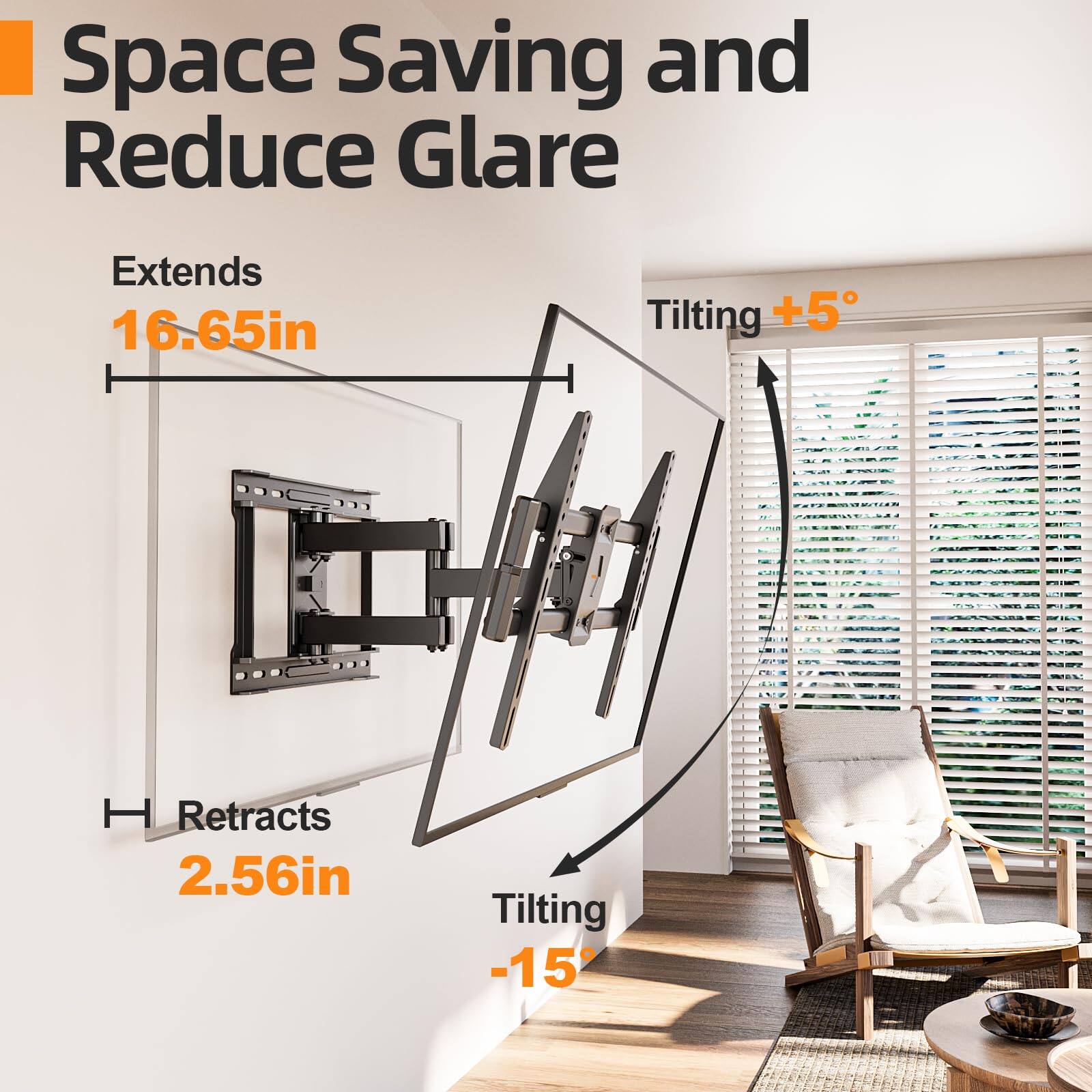 Space Saving and Reduce Glare

Extends 16.65in

Tilting +5°

Retracts 2.56in

Tilting -15°