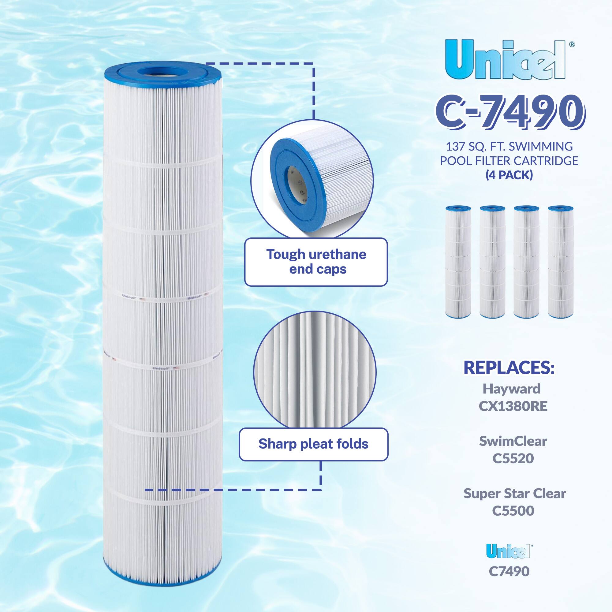 Unicel C-7490 137 SQ. FT. SWIMMING POOL FILTER CARTRIDGE (4 PACK)  
Tough urethane end caps  
Sharp pleat folds  

REPLACES:  
Hayward CX1380RE  
SwimClear C5520  
Super Star Clear C5500  
Unicel C7490