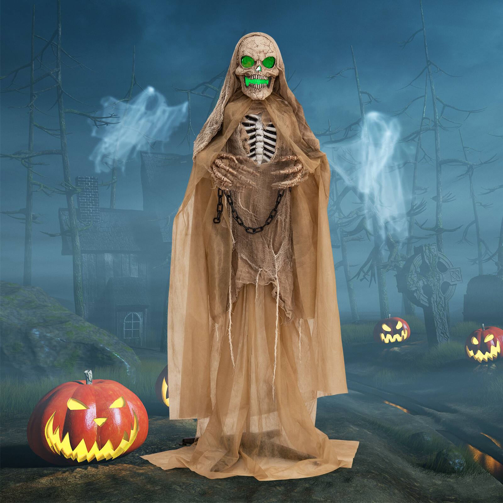 Alt View 15. Costway - Lighted and Animated Halloween Decoration 67” Outdoor Halloween Skeleton w/ LED Creepy Skull - Brown.