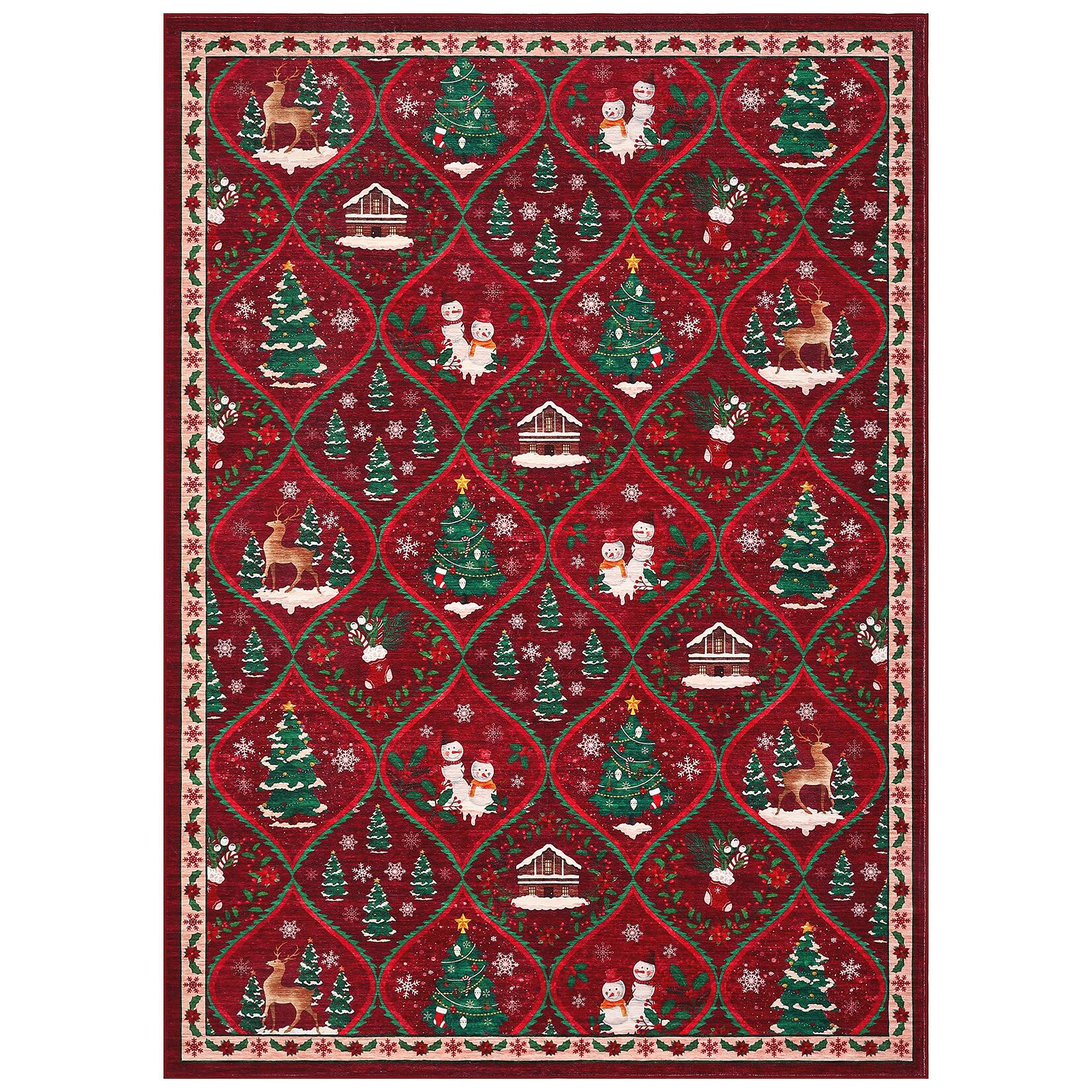 Front. Acekool - 5 x 7 ft Christmas Rug Runner, Stain-Resistant Xmas Floral Bedside Bathroom Rug for Laundry,Bedroom - Red.