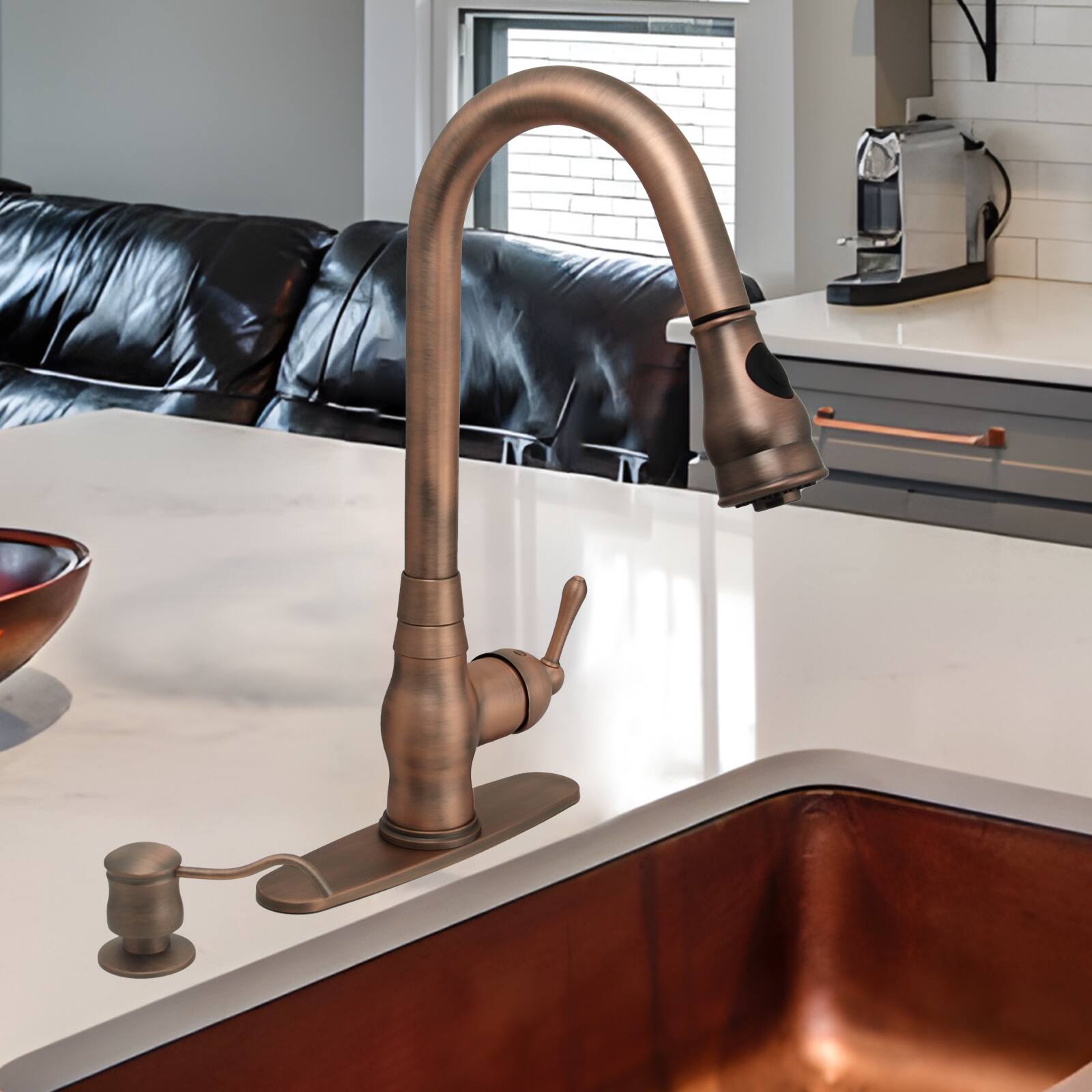 Alt View 3. Akicon - Akicon Built-in Brass Soap Dispenser for Kitchen Sink Refill from Top with 17 oz. Bottle in Antique Bronze - Antique Bronze.