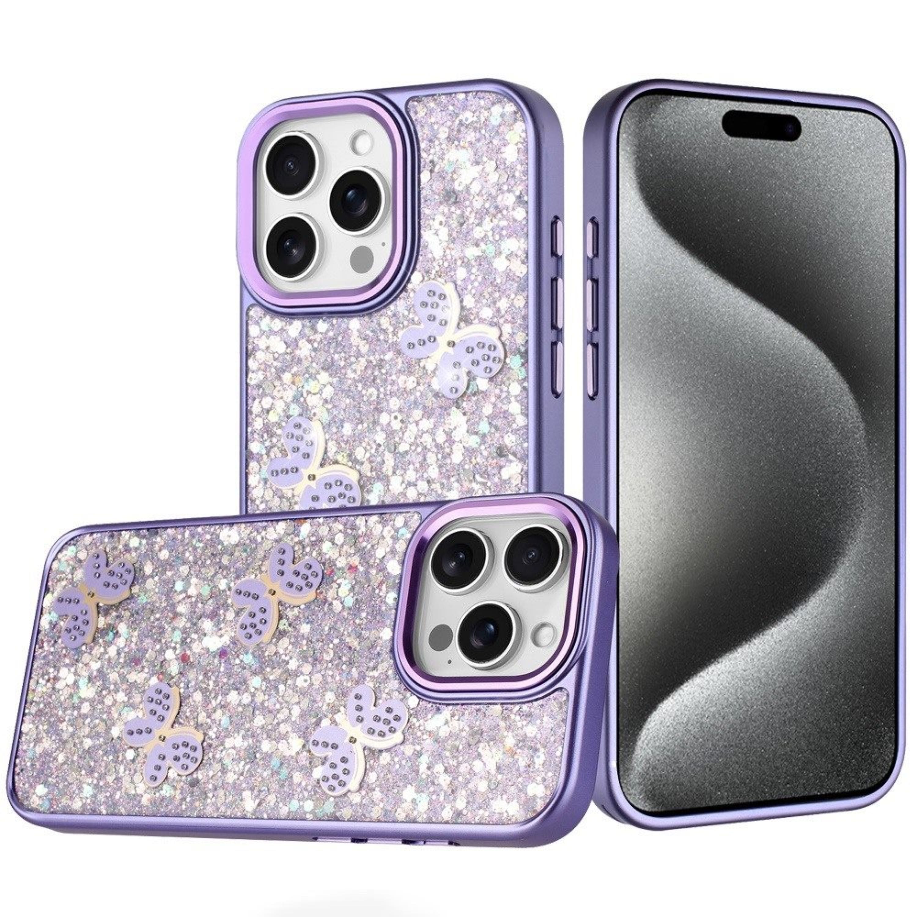 Kitcheniva - Glitter Butterfly Case With Tempered Glass For iPhone 15 Pro Max Dark - Purple price history on PriceWatchPro