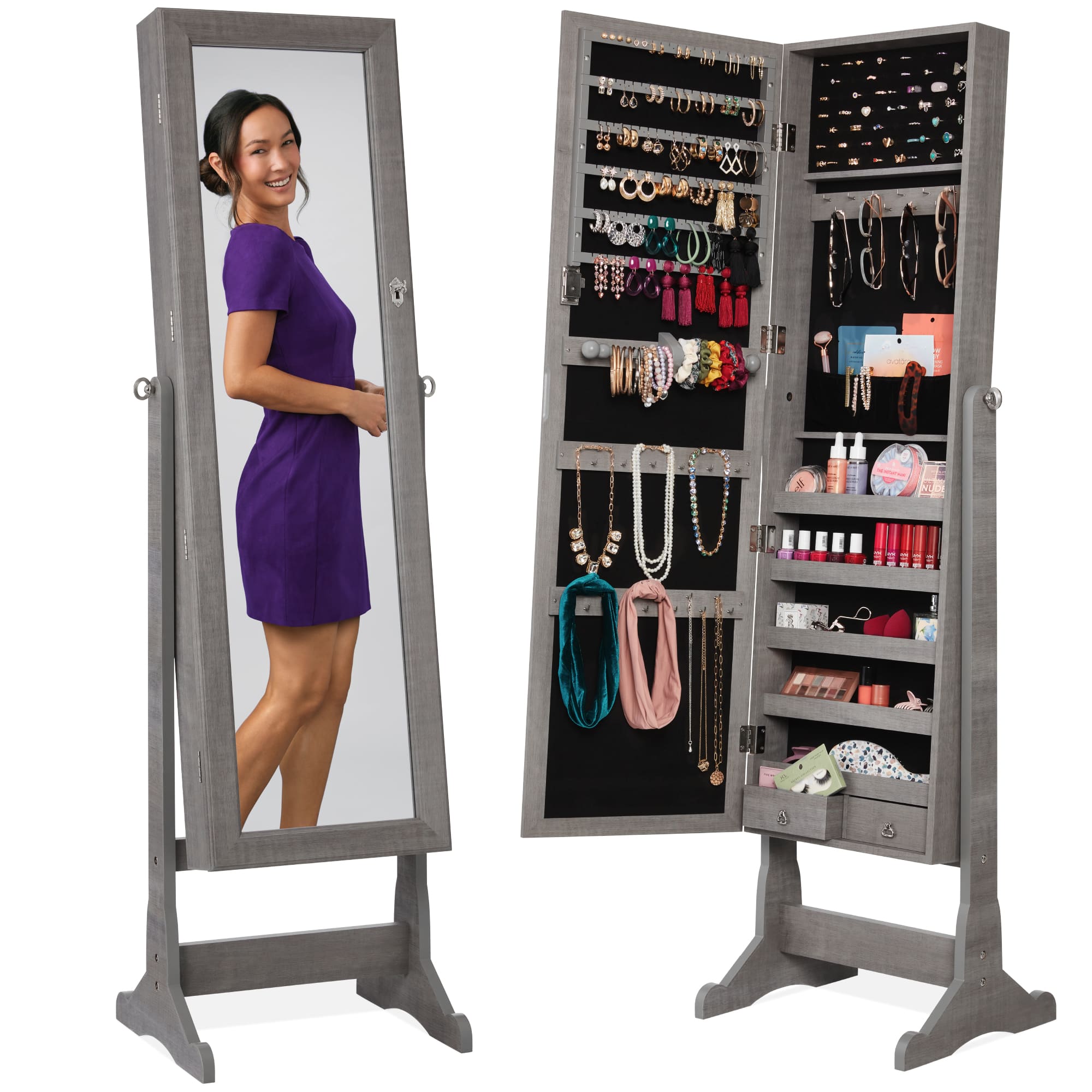 Best Choice Products - Jewelry Armoire Cabinet, Full Length Mirror w/ Velvet Storage Interior, Lock - Gray Oak price history on PriceWatchPro