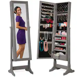 Best Choice Products - Jewelry Armoire Cabinet, Full Length Mirror w/ Velvet Storage Interior, Lock - Gray Oak