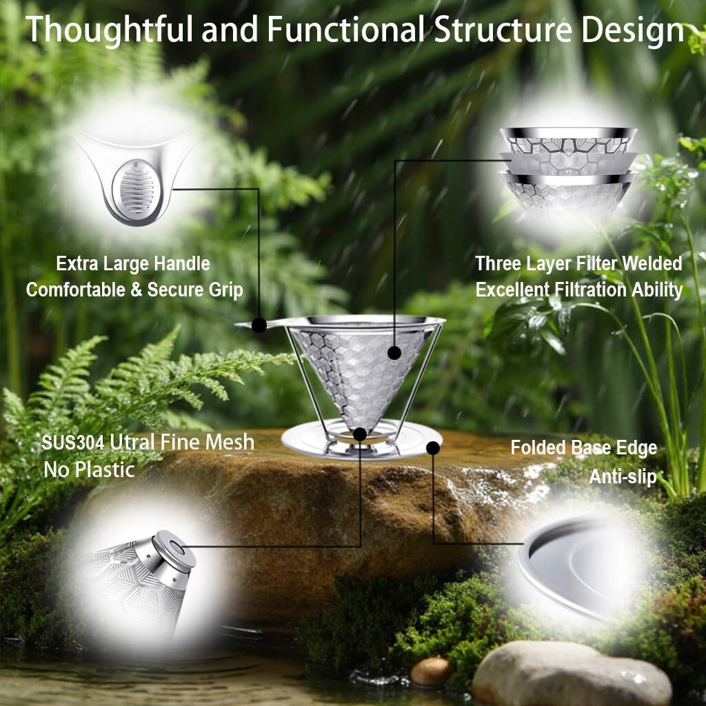 Thoughtful and Functional Structure Design

- Extra Large Handle
  - Comfortable & Secure Grip

- Three Layer Filter Welded
  - Excellent Filtration Ability

- SUS304 Ultra Fine Mesh
  - No Plastic

- Folded Base Edge
  - Anti-slip