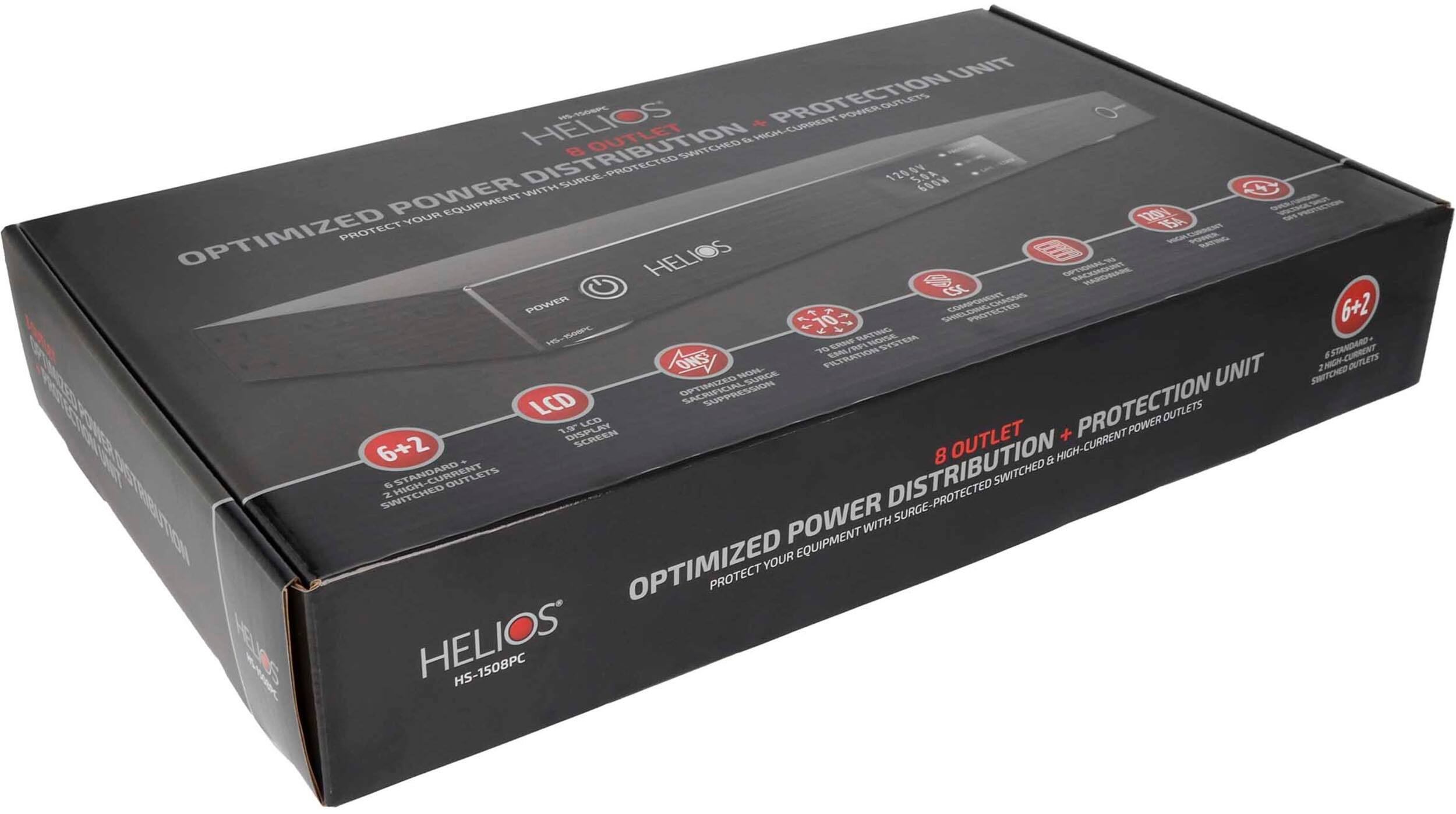The image features a box containing a Helios HS-1508PC Protection Unit. The box is black and has a white background. The unit is designed to protect power outlets and provide high-current distribution. It has eight switched outlets, which are surge-protected and optimized for power distribution. The unit also includes a 650W power supply with equipment protection. The box is labeled with the name "Helios" and has a red and white design.
