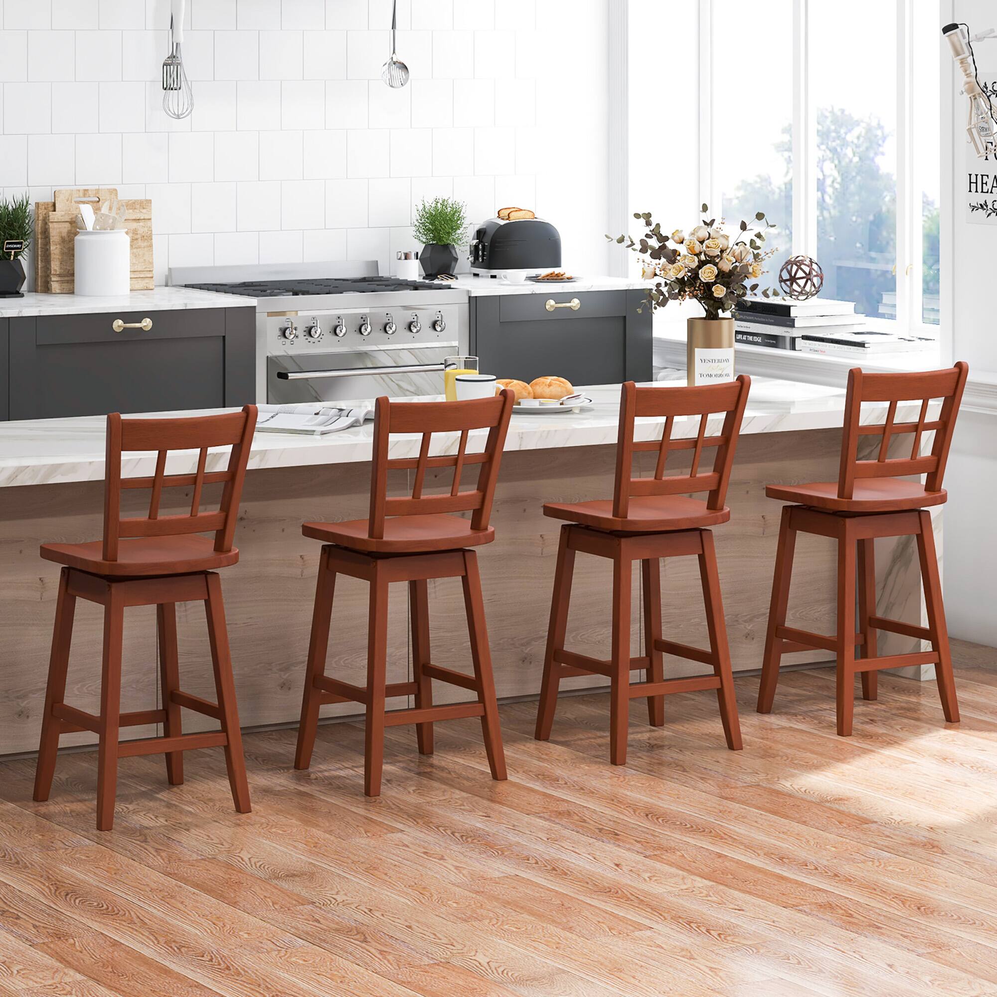 Alt View 1. Gymax - Gymax 4PCS 24.5 Inch Counter Height Bar Chairs Swivel Bar Stools w/ Hollow Backrest Walnut - Walnut.