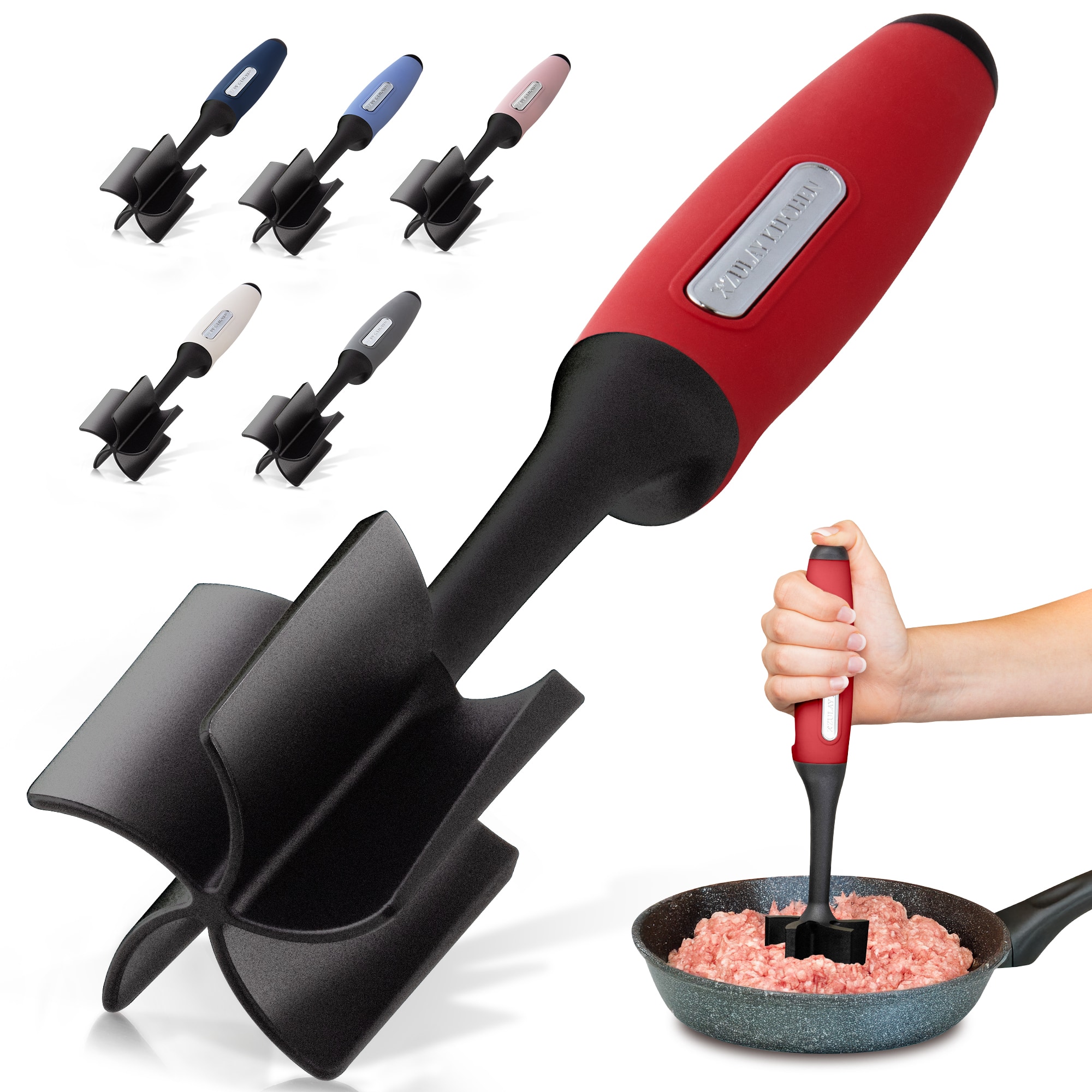 Zulay Kitchen - 5-Blade Meat Chopper, Pinwheel Design Ground Meat Masher with Comfortable Grip - Red